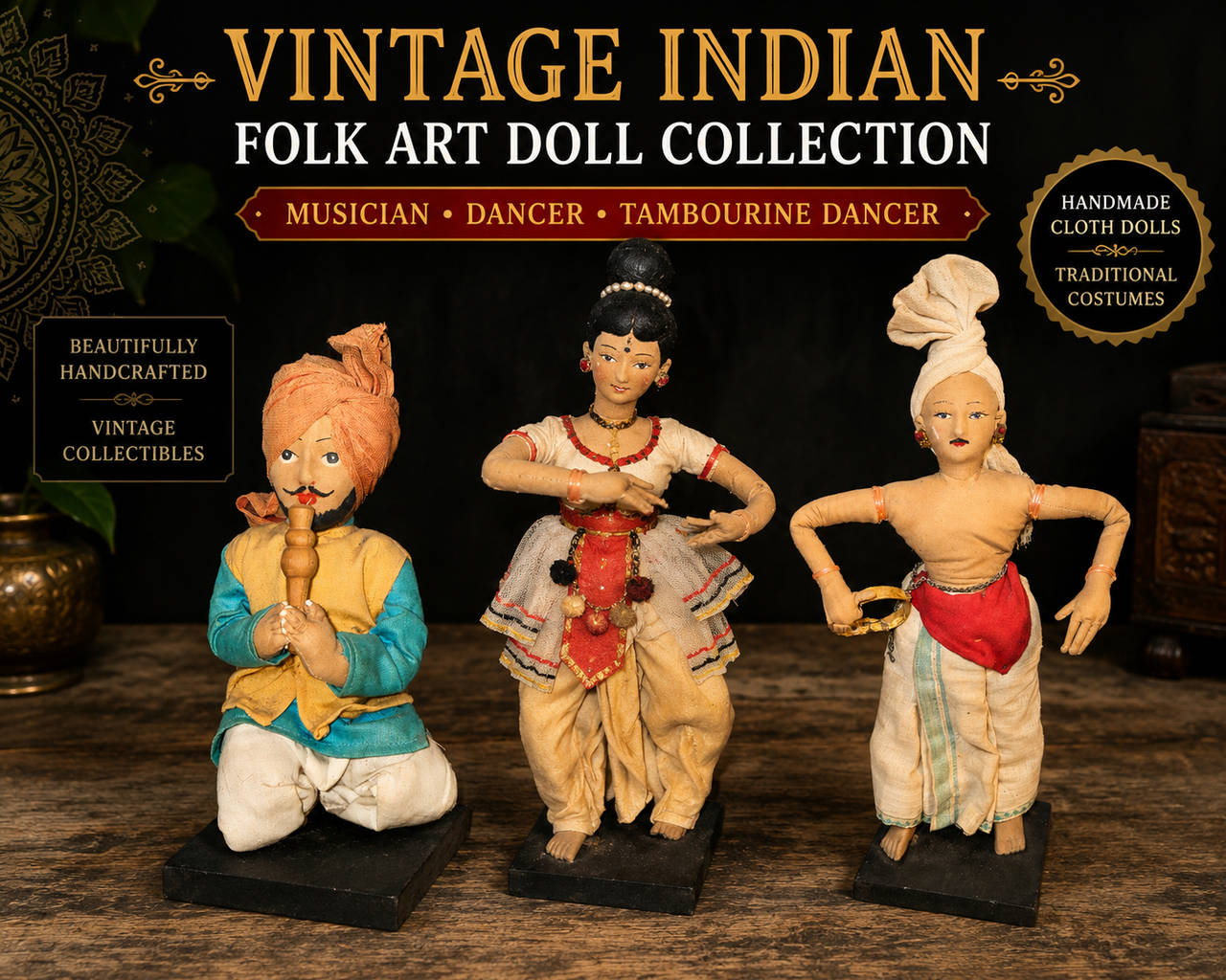 Vintage Handcrafted Indian Folk Art Cloth Dolls - Musician & Dancer Pair