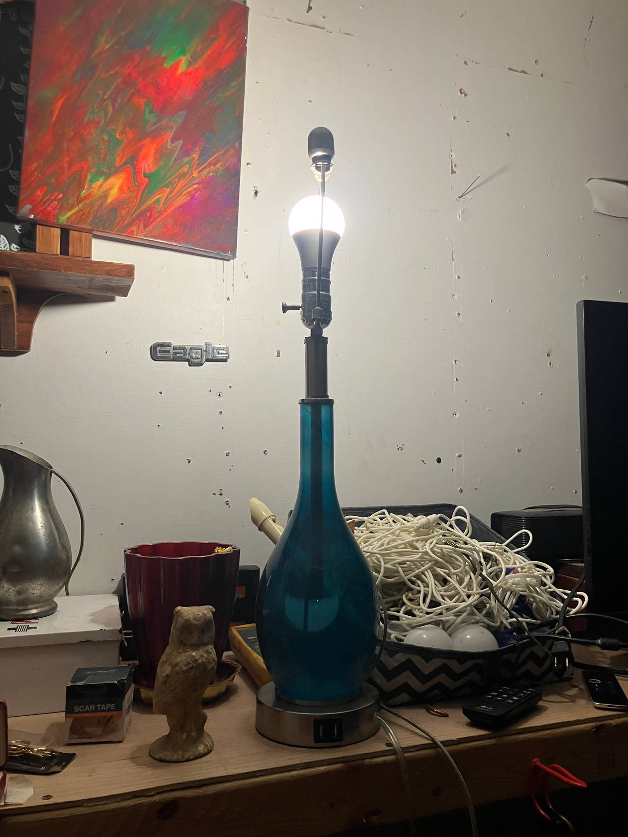 Mainstays Blue Teardrop Glass Table Lamp with USB Port