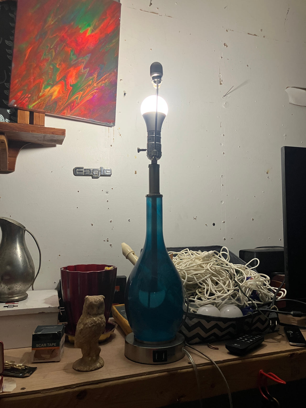 Mainstays Blue Teardrop Glass Table Lamp with USB Port