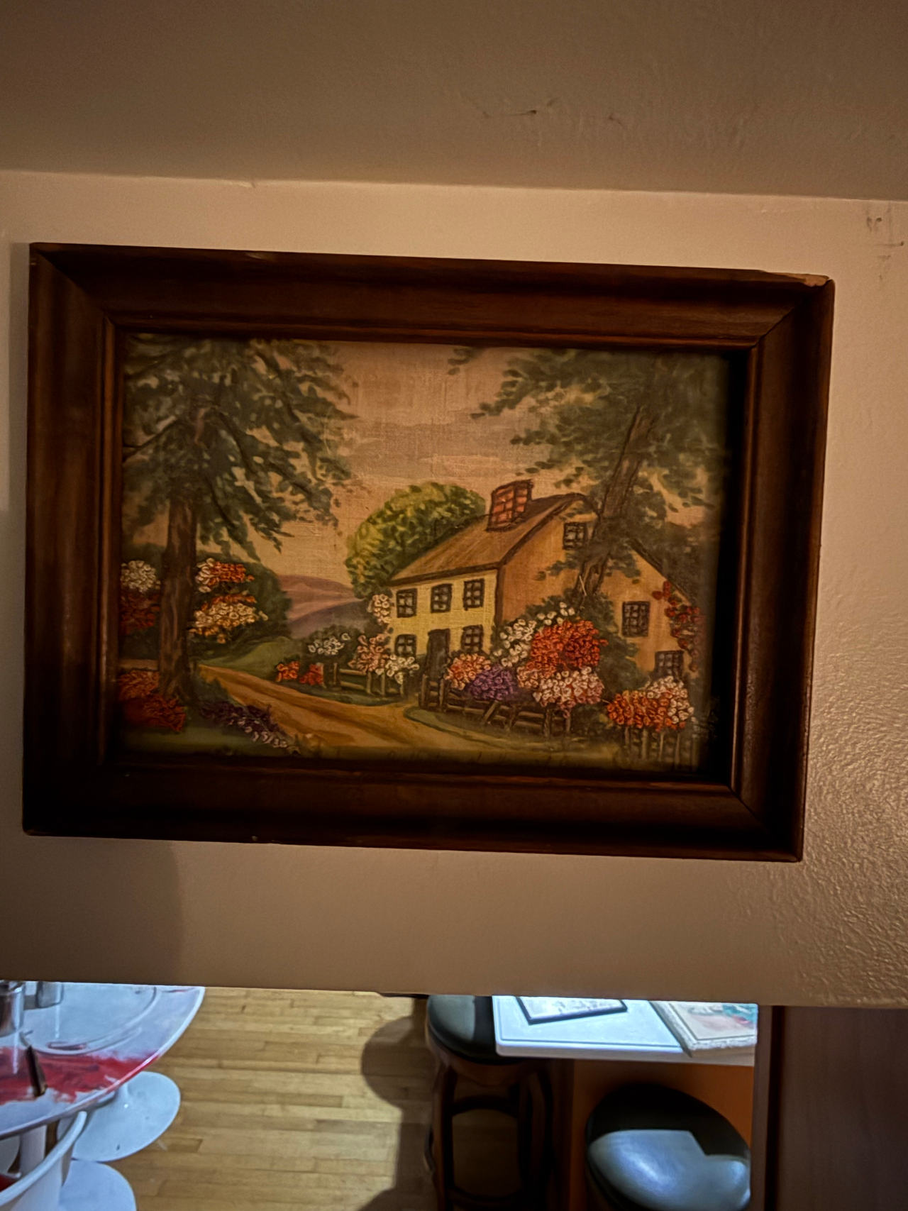 Vintage Framed Needlepoint Cottage Landscape Art