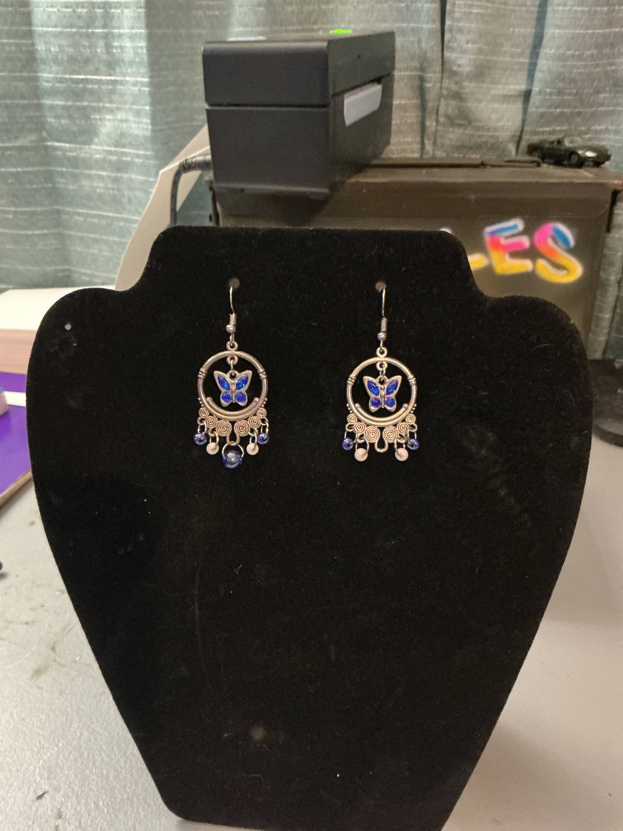 Silver Tone Blue Butterfly Boho Earrings