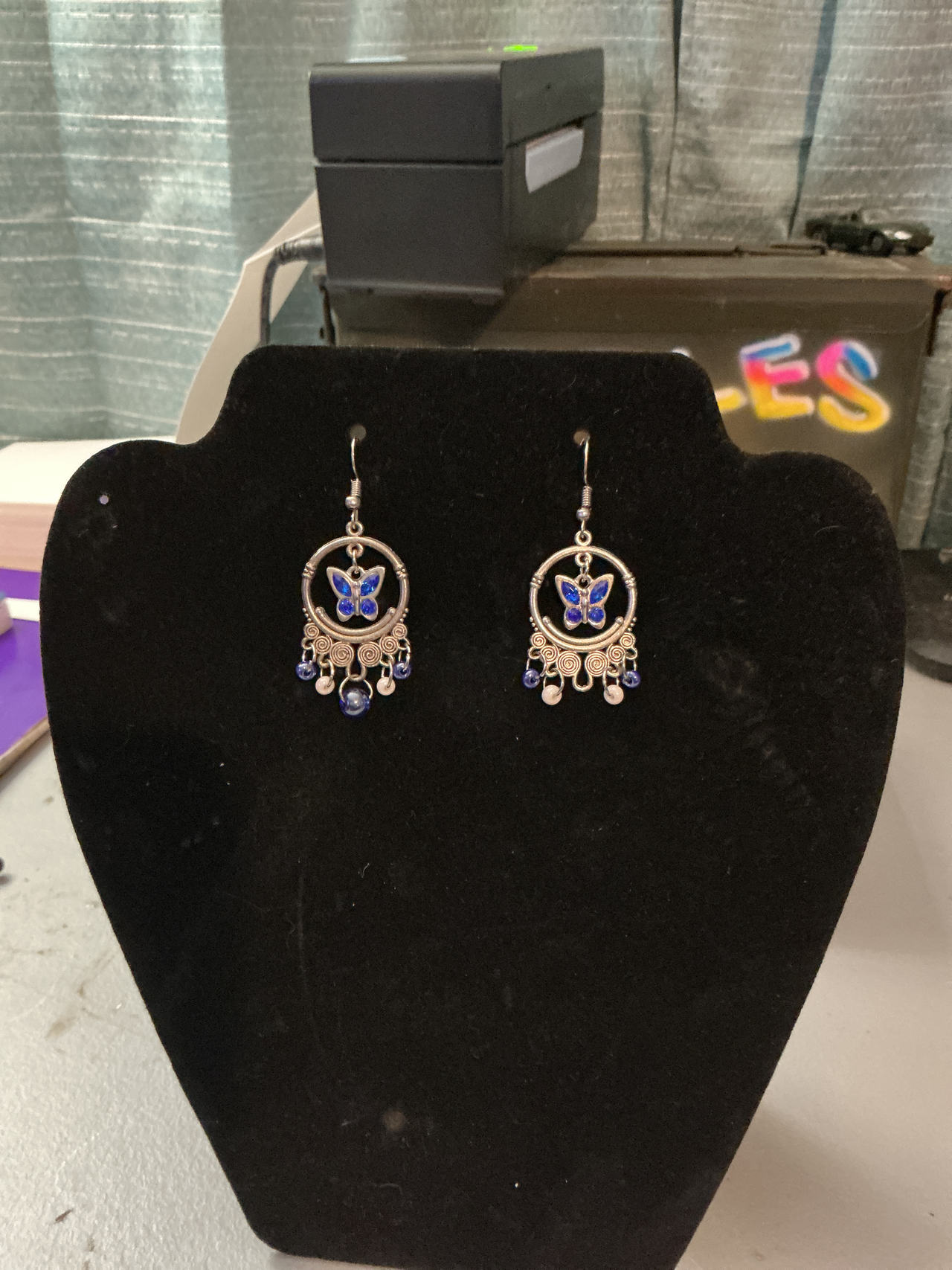 Silver Tone Blue Butterfly Boho Earrings