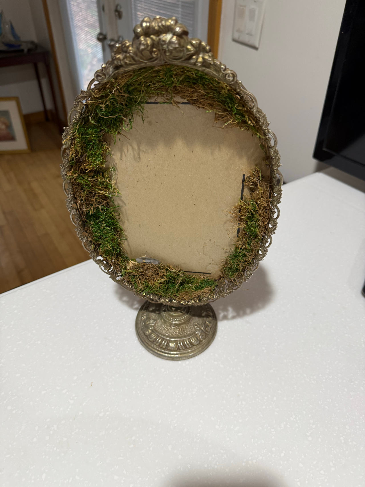 Vintage Brass Pedestal Picture Frame with Moss Detail