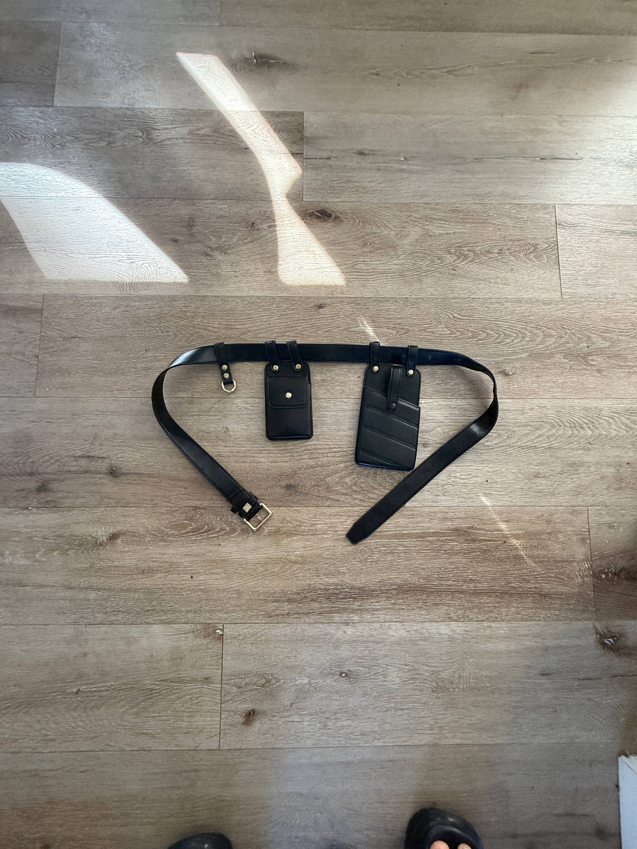 Black Leather Belt with Gold Detail - Phone Pouch, Key Hook and Extra Pouch