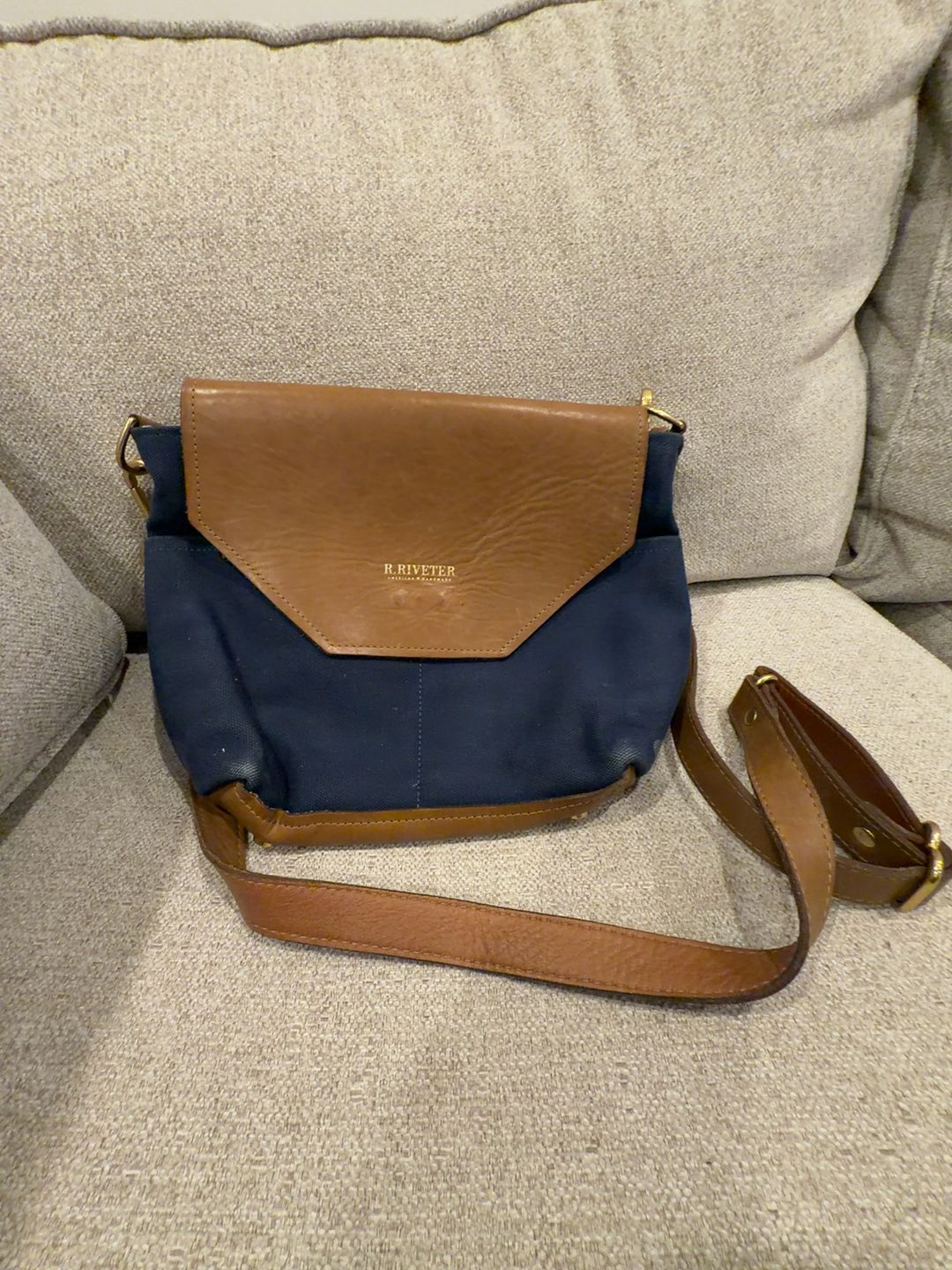 R. Riveter Hobby Signature Navy Nylon & Brown Leather Handbag