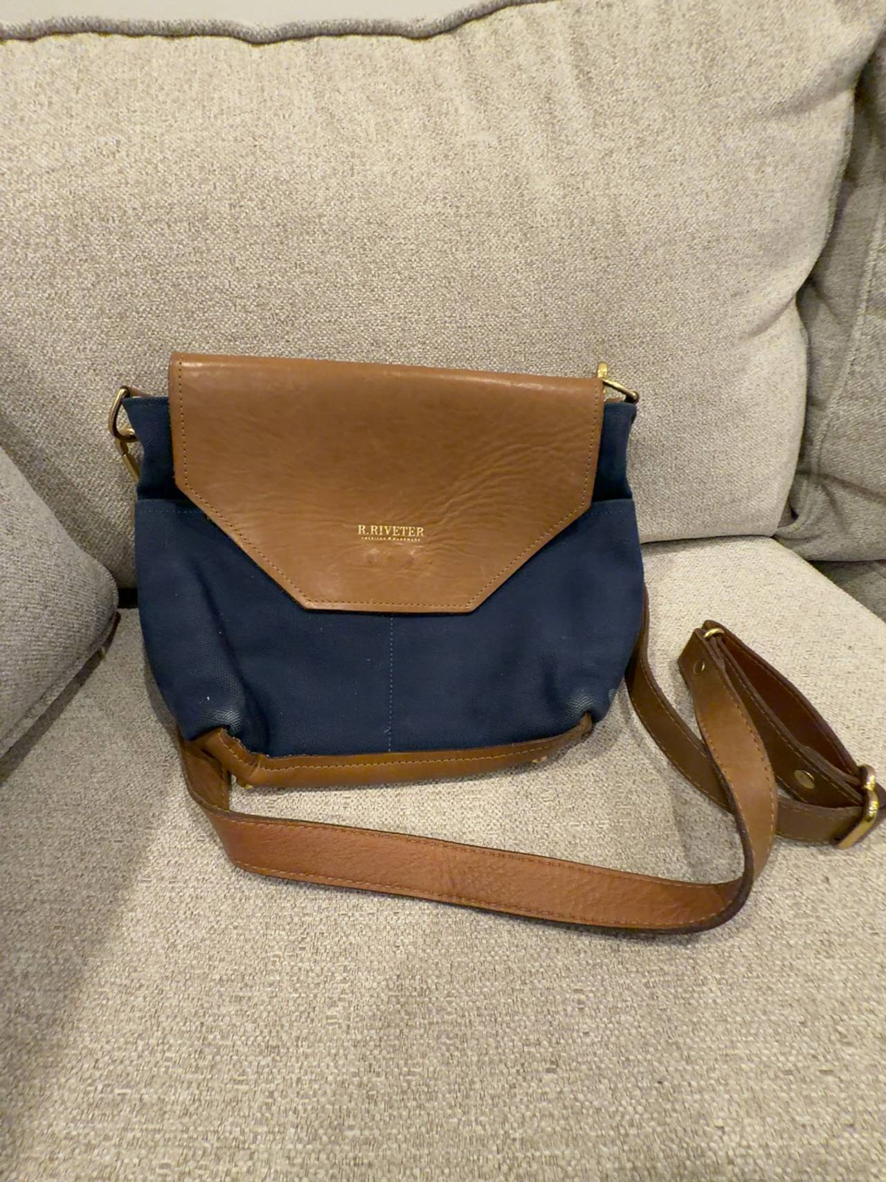 R. Riveter Hobby Signature Navy Nylon & Brown Leather Handbag