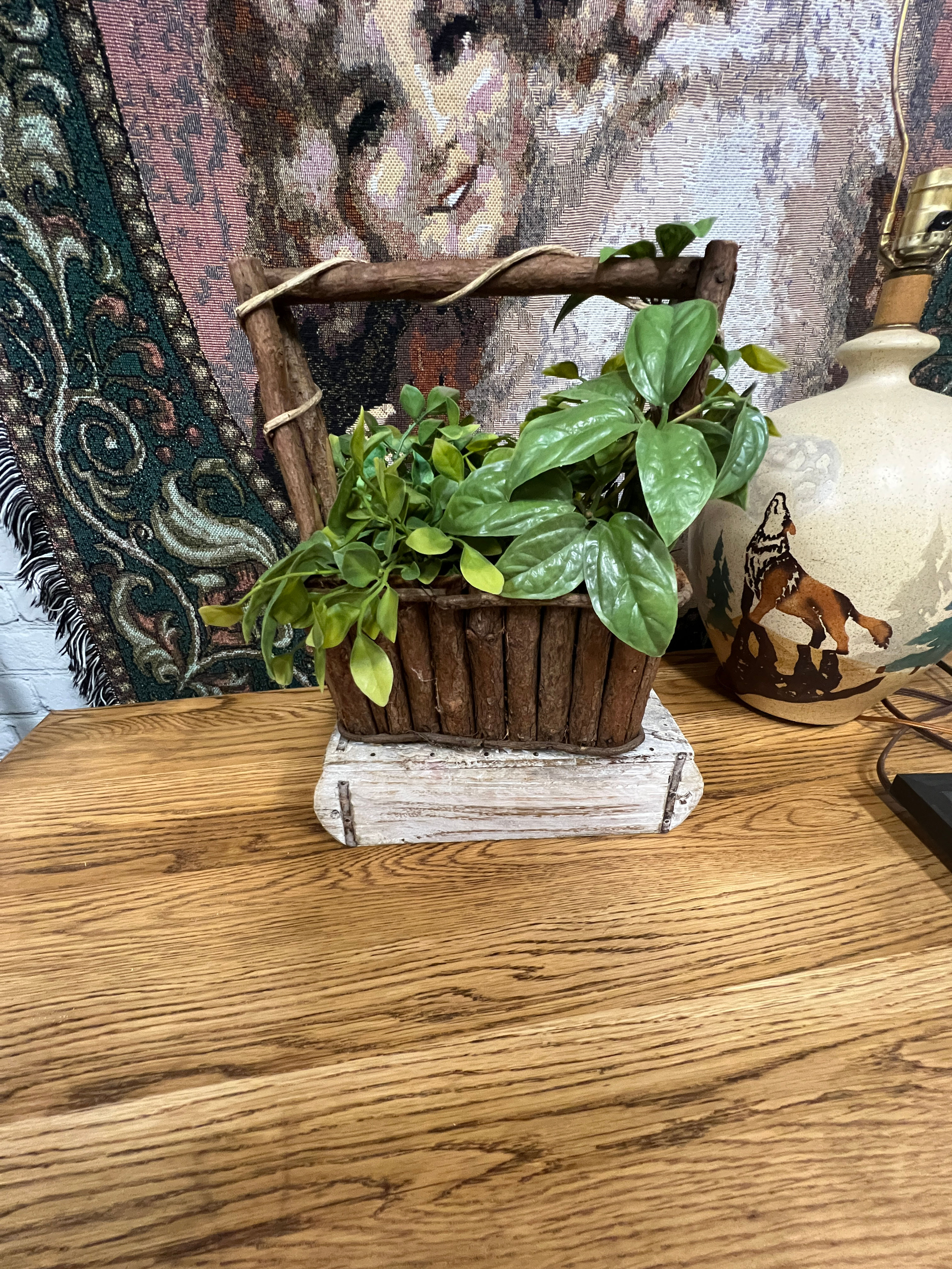 Rustic Wooden Planter Basket with Faux Greenery