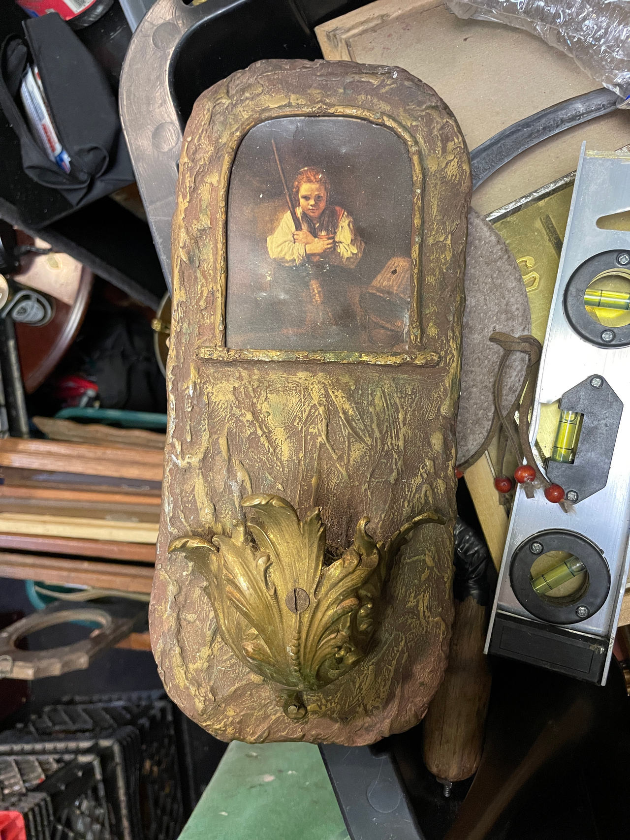 Antique Wall Match Holder with Lithograph