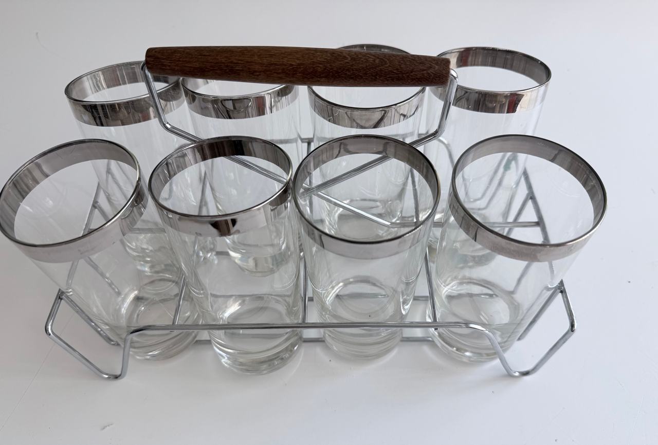 Vintage Libbey Silver Rim Highball Glass Set with Caddy