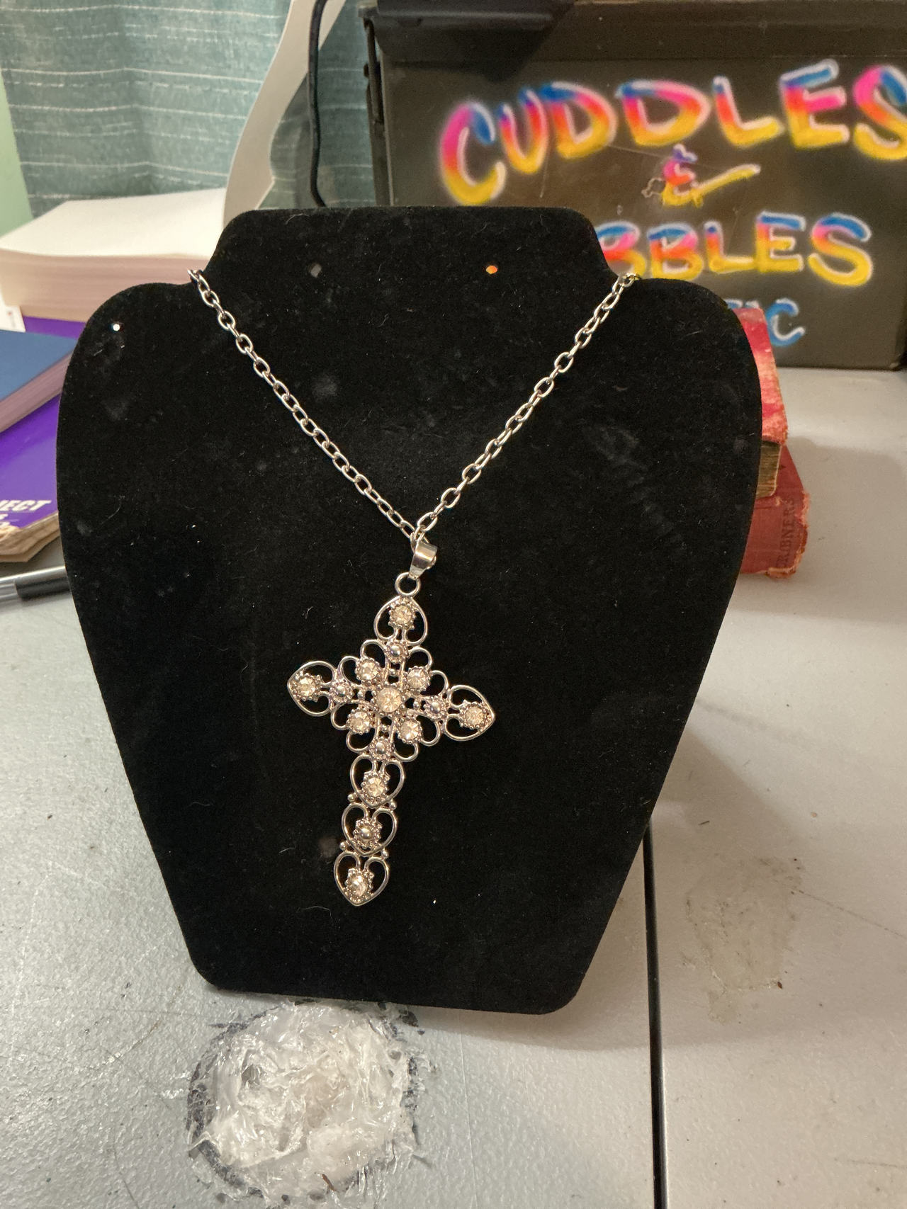 Silver Tone Filigree Rhinestone Cross Necklace