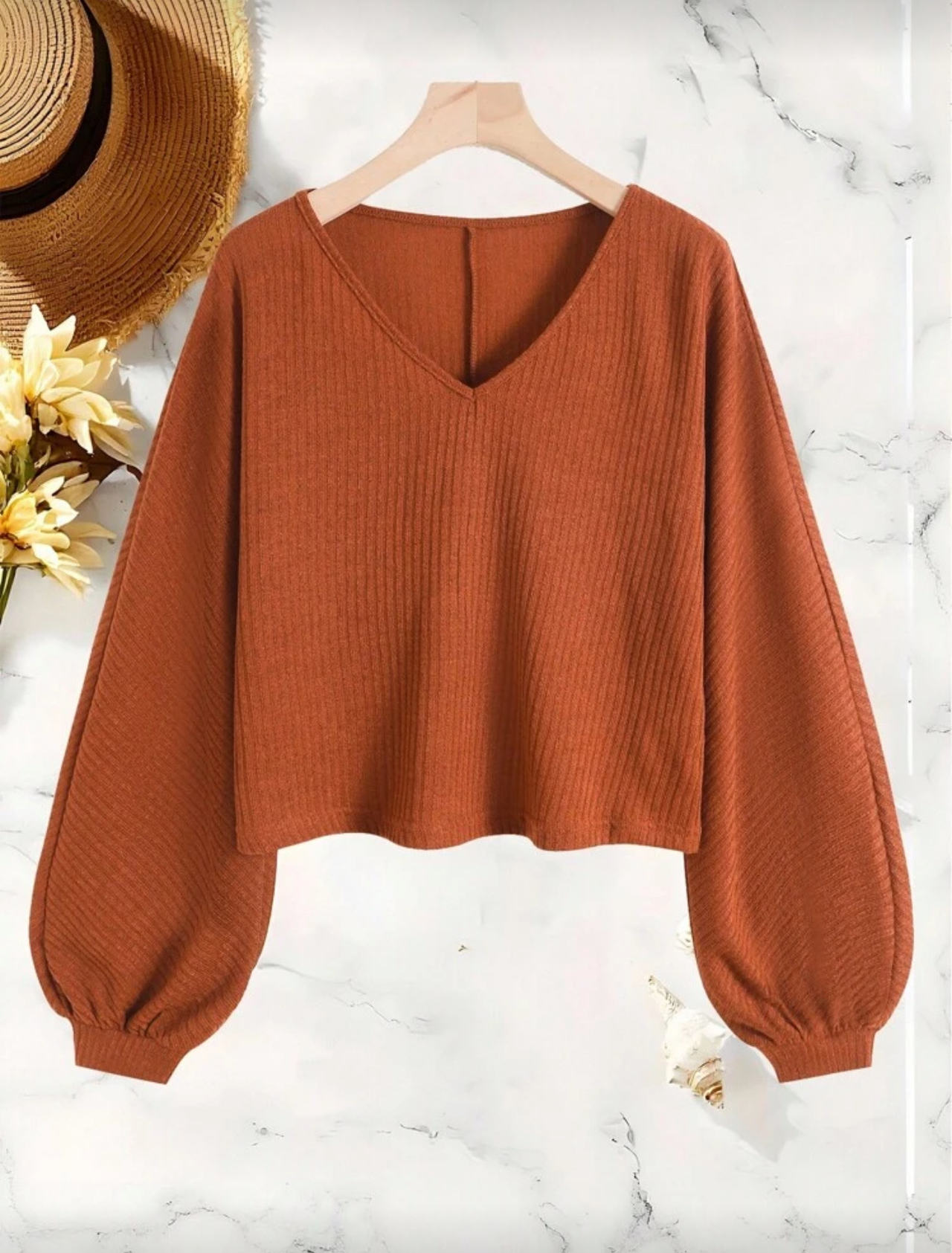 Women's Coral Orange Ribbed Knit Balloon Sleeve Sweater