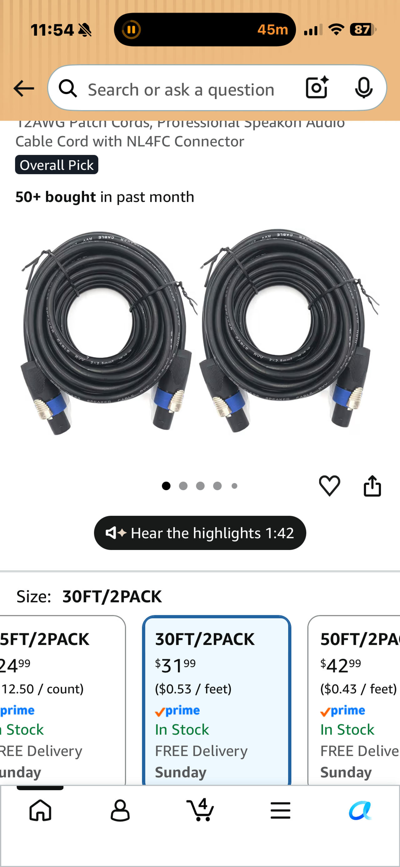 12AWG Speakon Audio Cable Cord 30FT 2-Pack