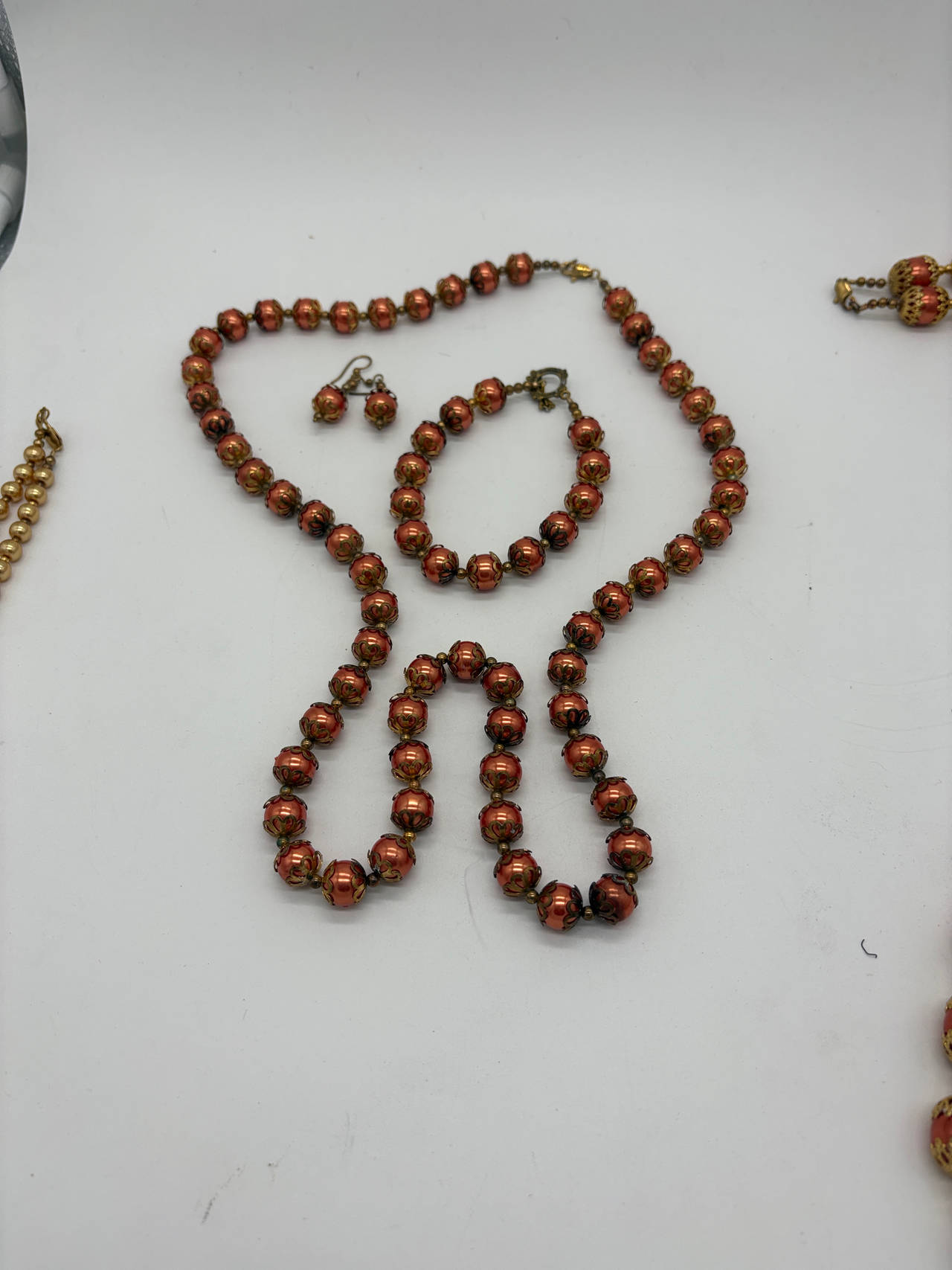 Vintage Baroque Copper Filigree Beaded Jewelry Set 