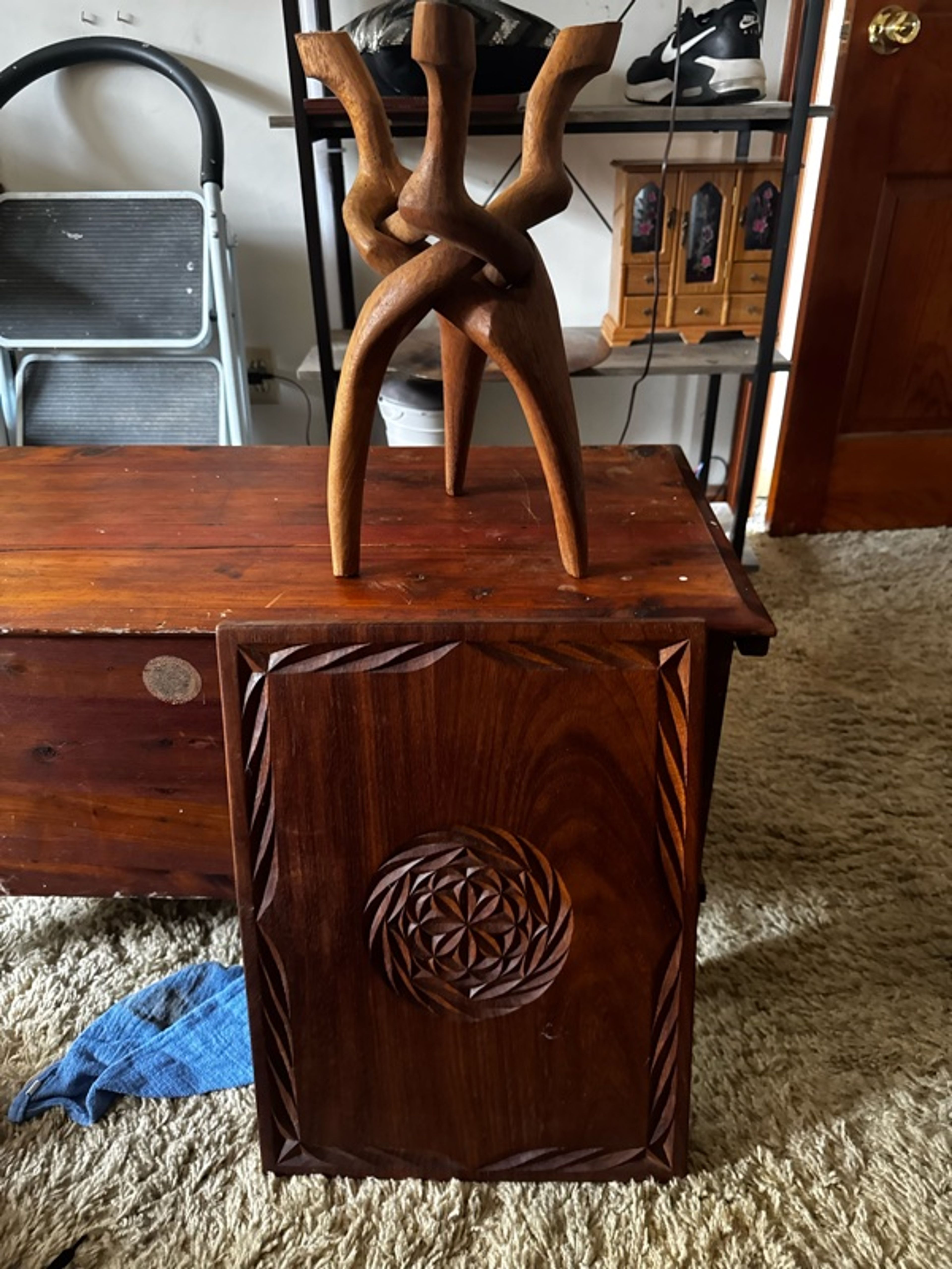 African Hand-Carved Wooden Tripod Side Table