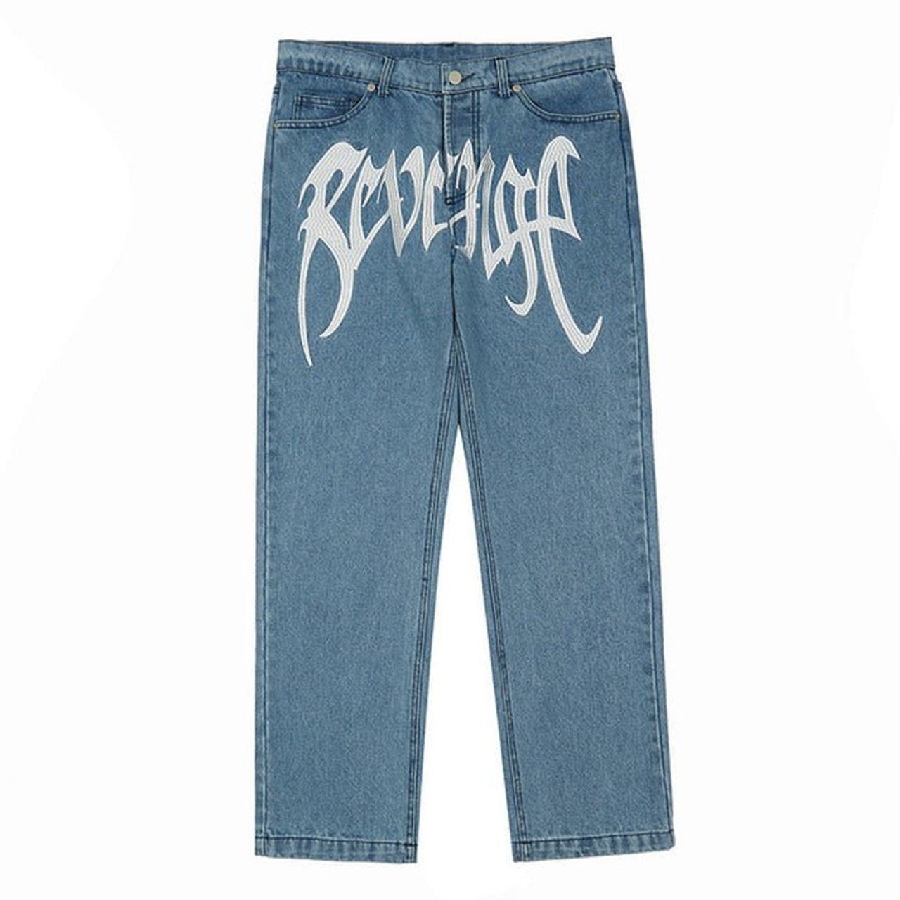 Revenge Embroidered Logo Denim Jeans Light Blue