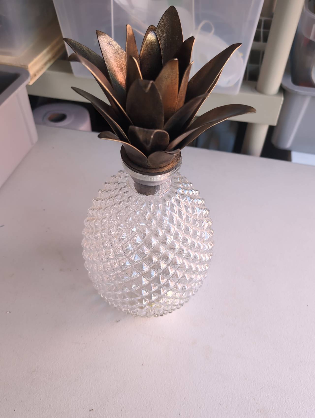 Pier 1 Imports Pineapple Decanter Clear Glass & Metal Top Vintage Discontinued