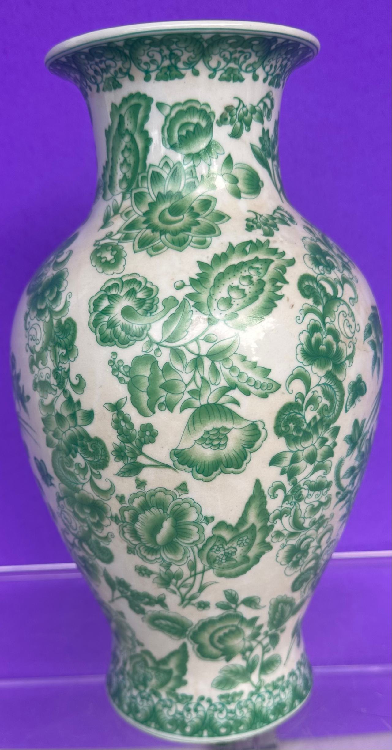 Green and White Floral Ceramic Vase