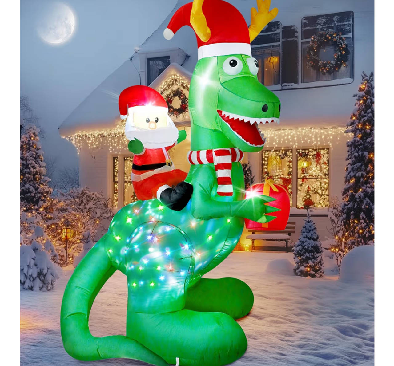 8ft Christmas Inflatables Dinosaur Outdoor Decorations with Bright LED