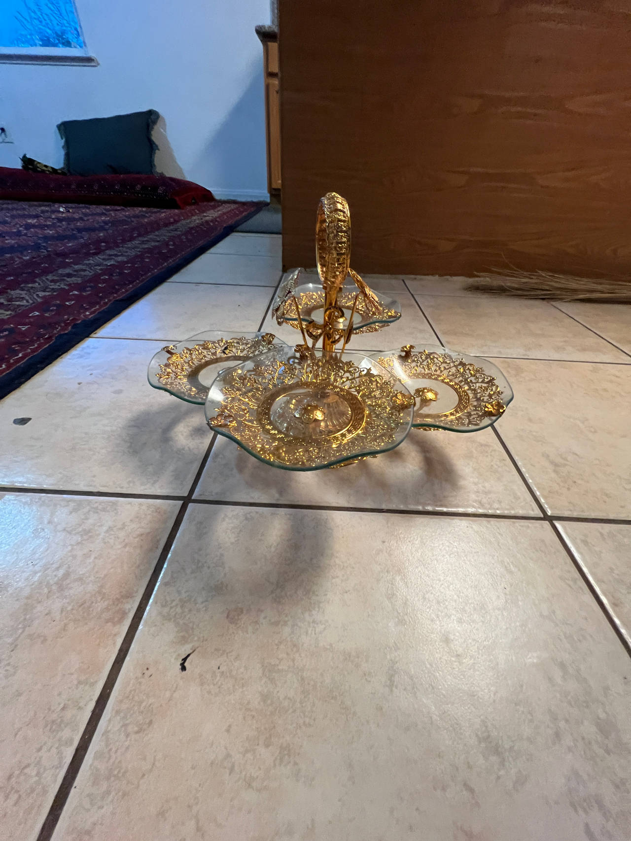 Ornate Glass and Gold-Plated Serving Tray