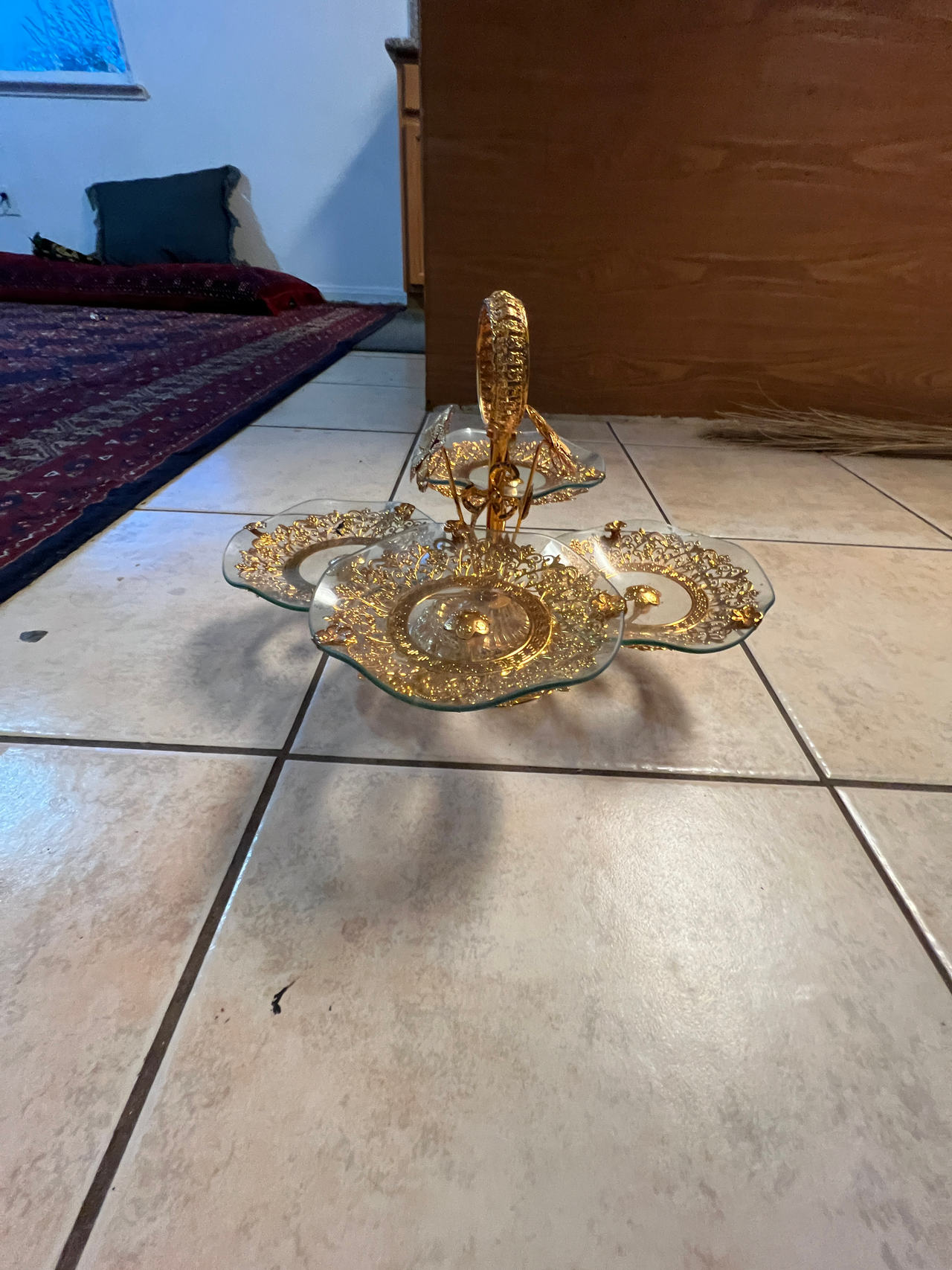 Ornate Glass and Gold-Plated Serving Tray