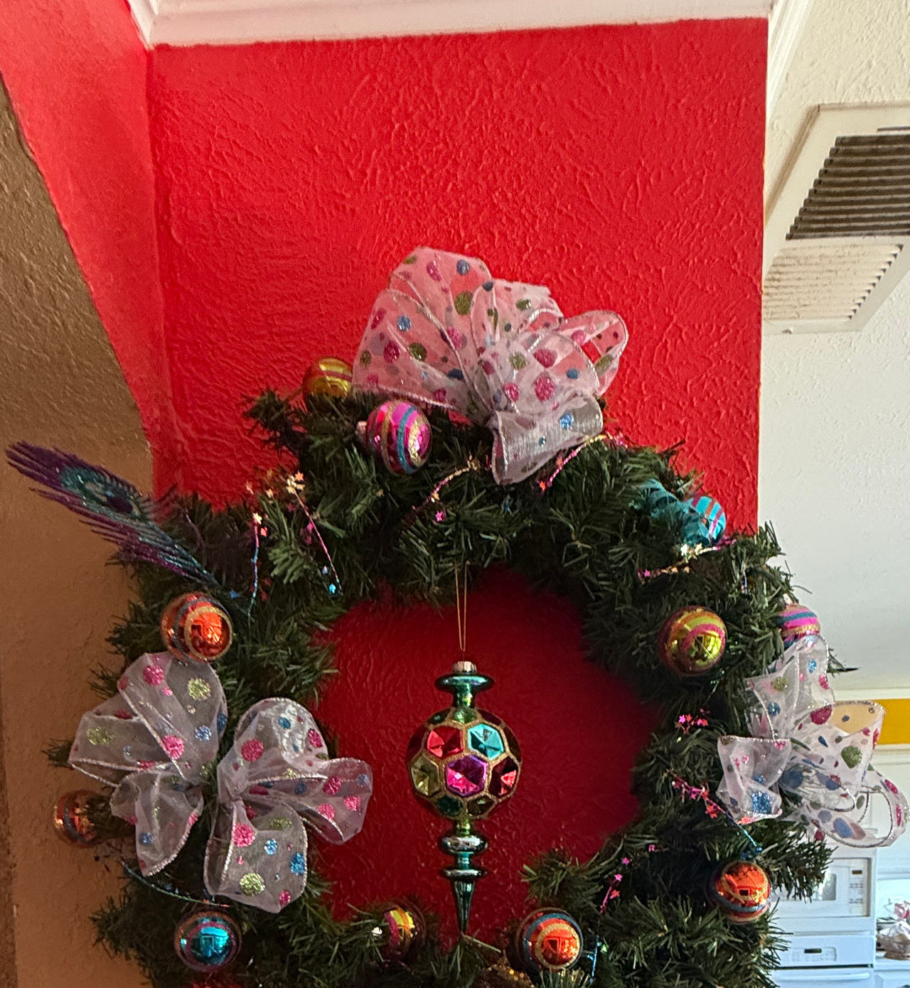 Decorated Artificial Christmas Wreath with Bows and Ornaments