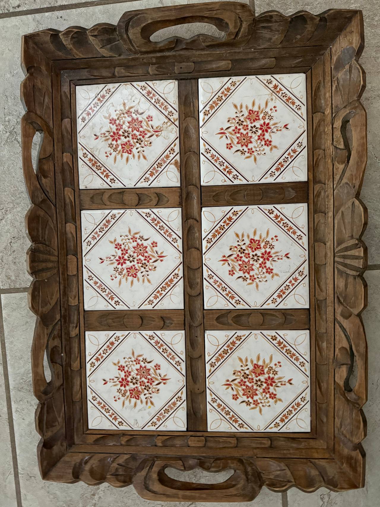 Vintage Hand Carved Wooden Serving Tray with Ceramic Tile