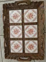 Vintage Hand Carved Wooden Serving Tray with Ceramic Tile - Image 1