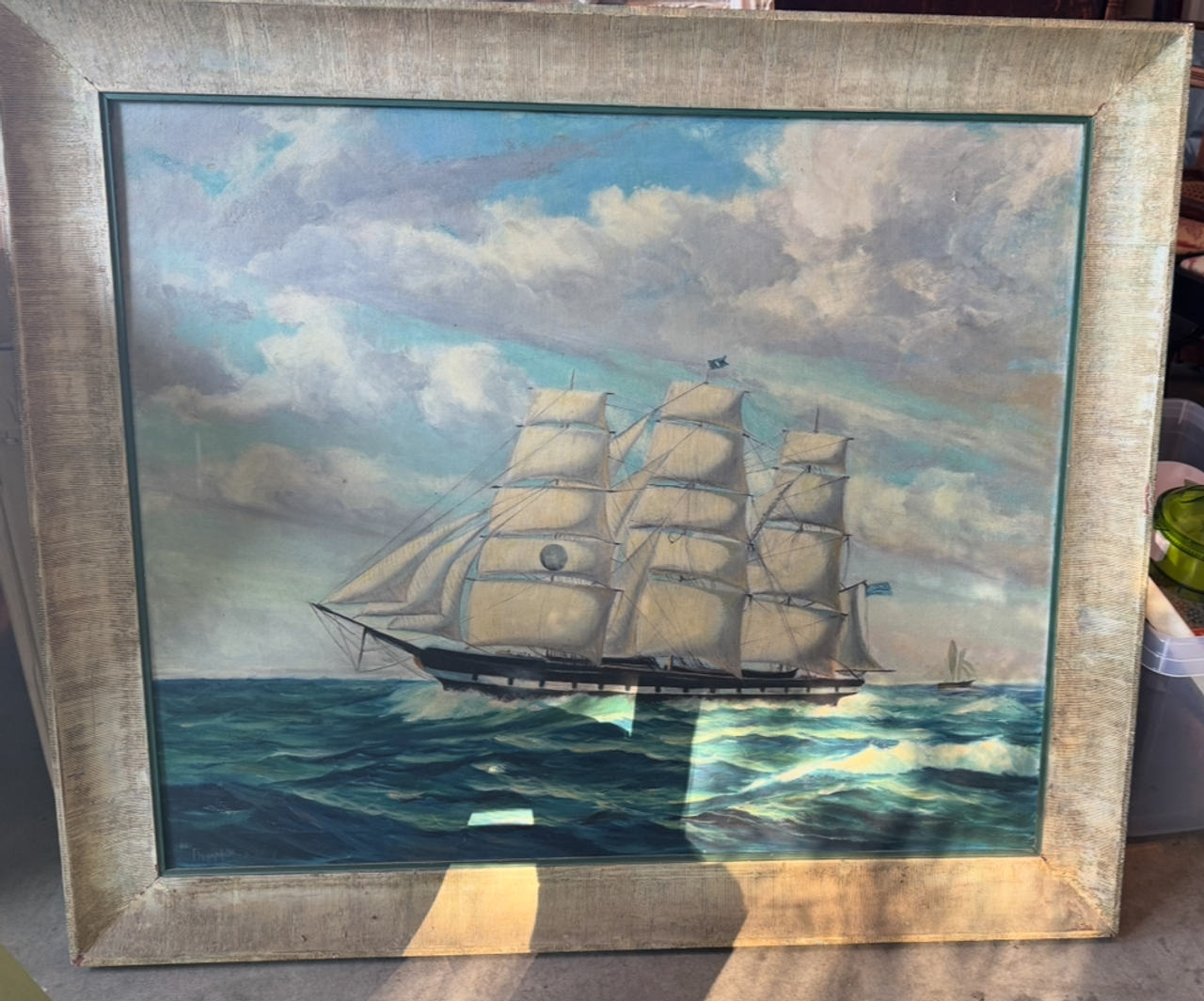 Framed Nautical Ship Oil Painting