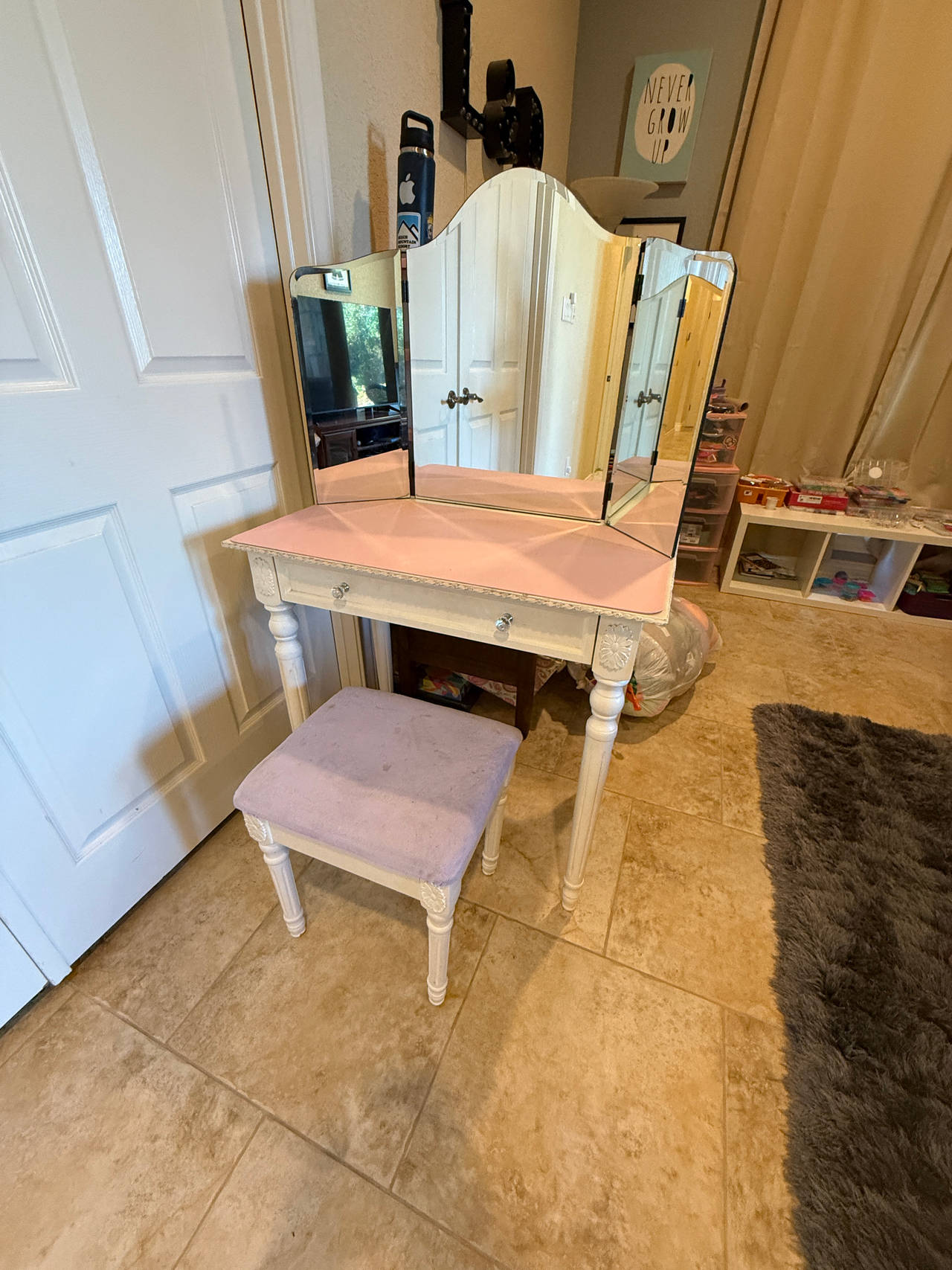 Vanity Table with Tri-Fold Mirror and Stool