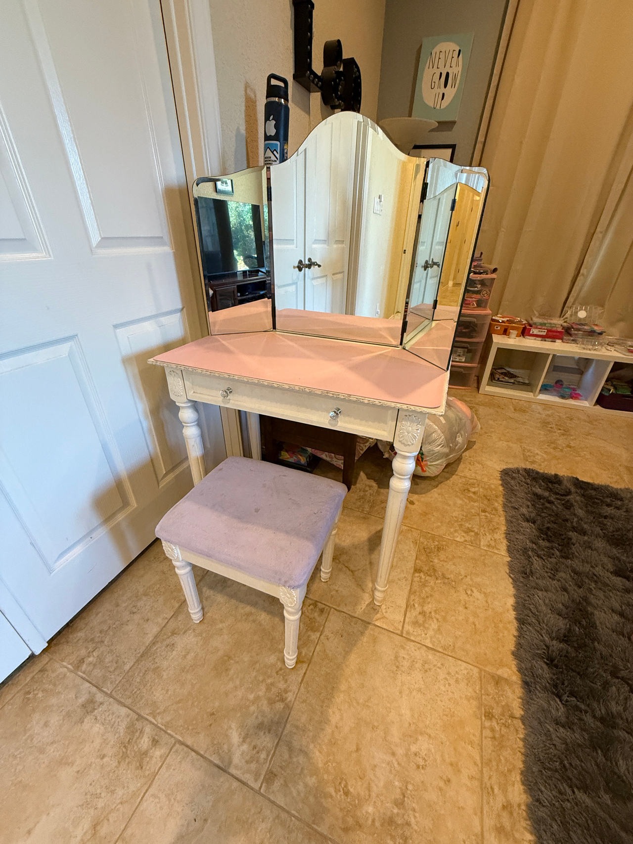 Vanity Table with Tri-Fold Mirror and Stool