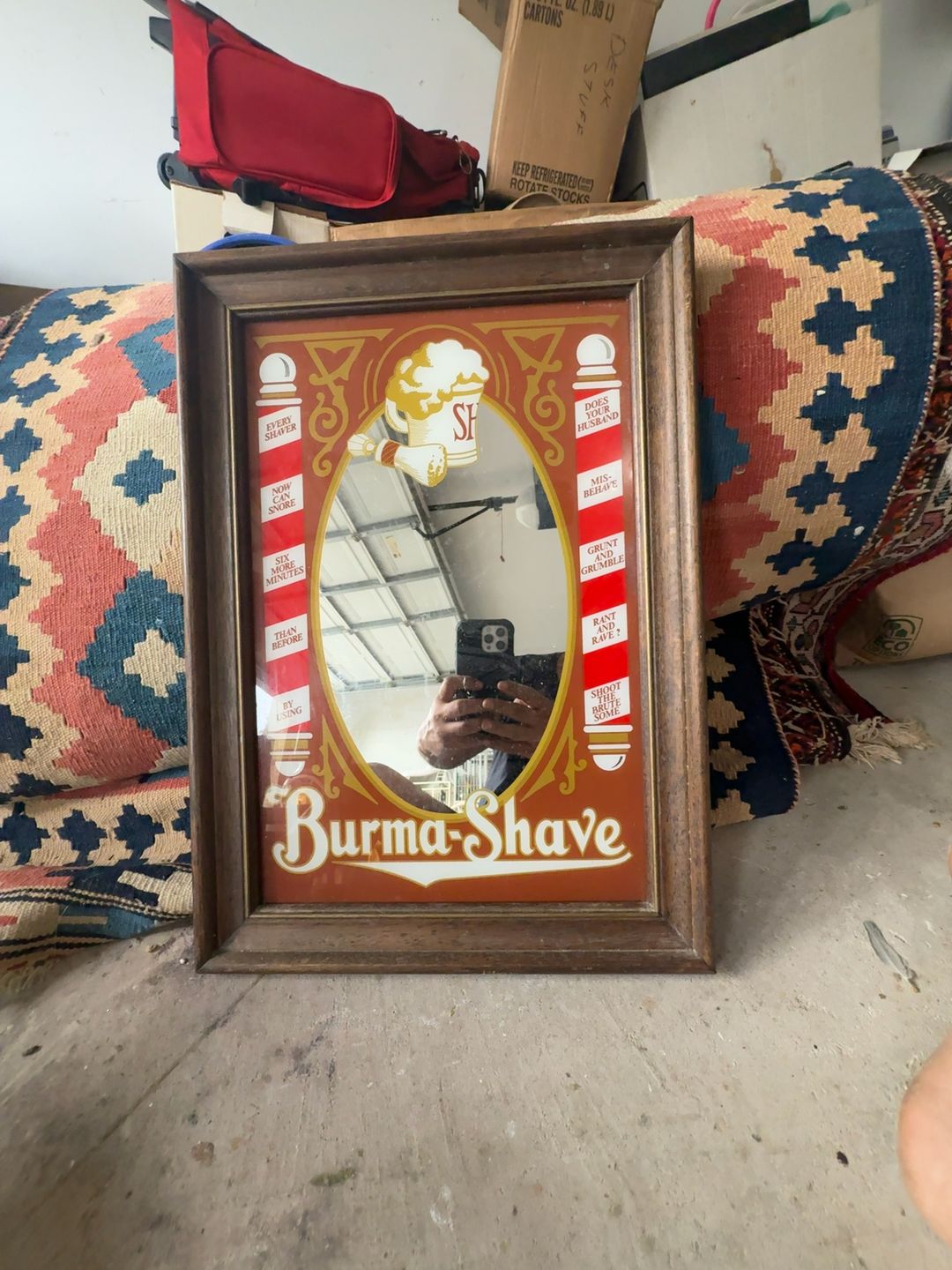 Vintage Burma-Shave Advertising Mirror in Wood Frame