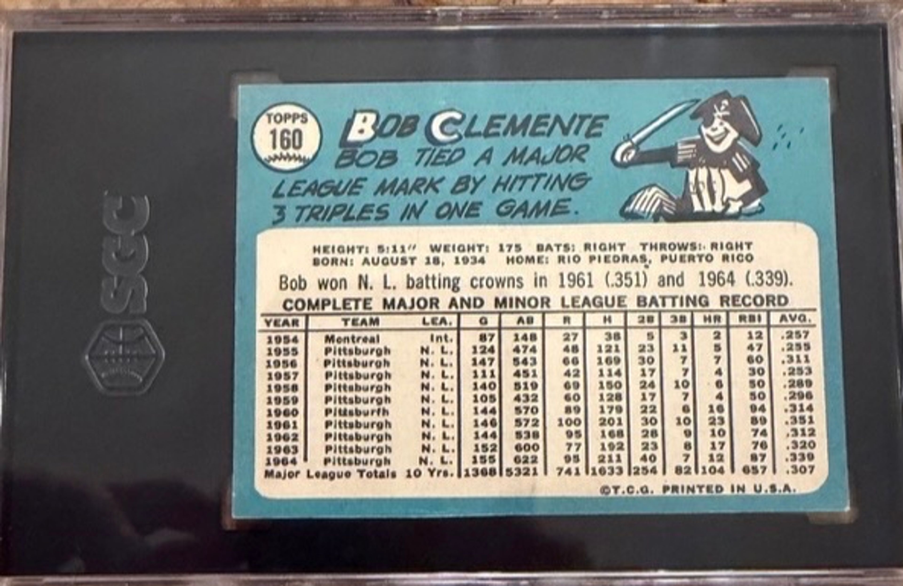 1965 Topps #160 Roberto Clemente SGC 4 - Image 2