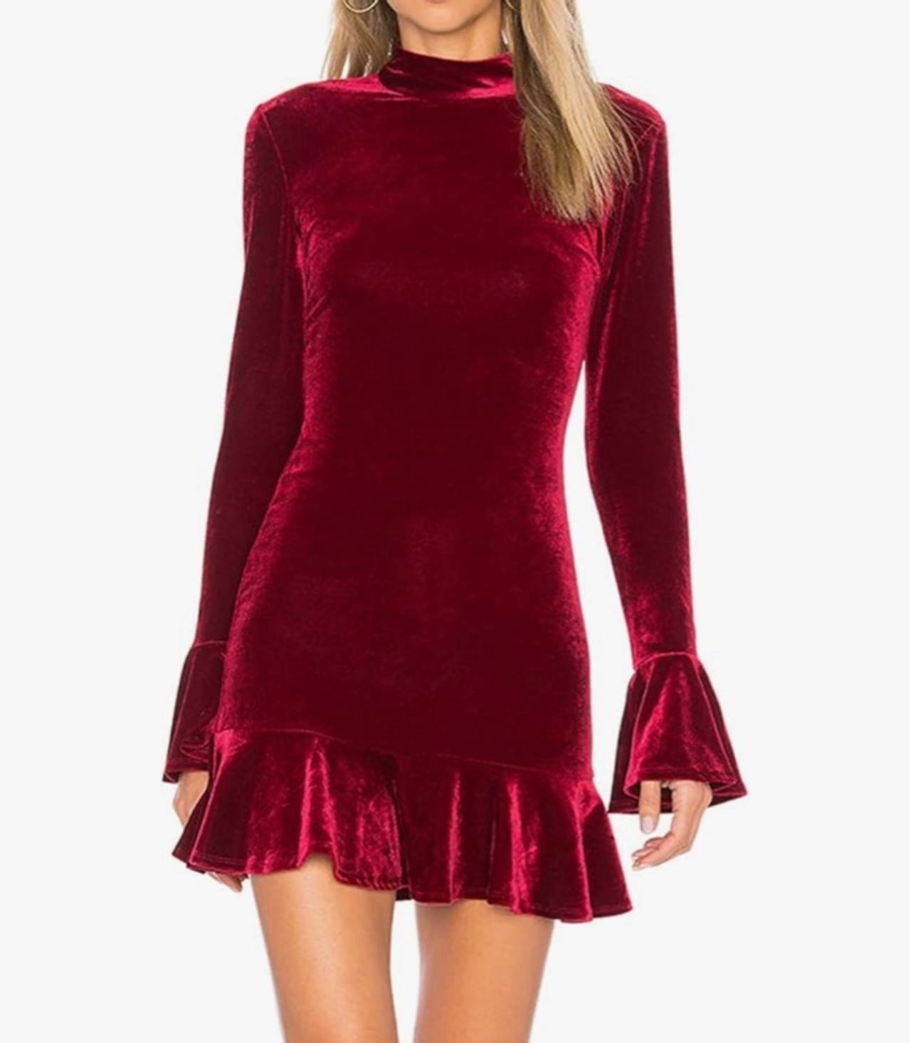 Vivimos Women's Size Small Winter Long Sleeve Velvet Ruffles Bodycon Mini Dress