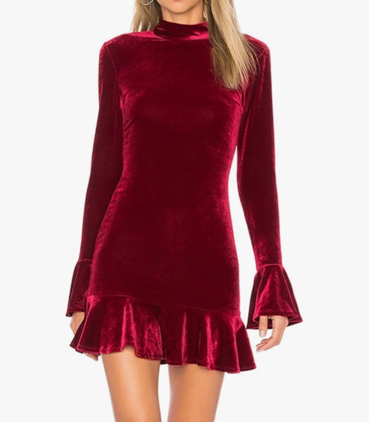 Vivimos Women's Size Small Winter Long Sleeve Velvet Ruffles Bodycon Mini Dress