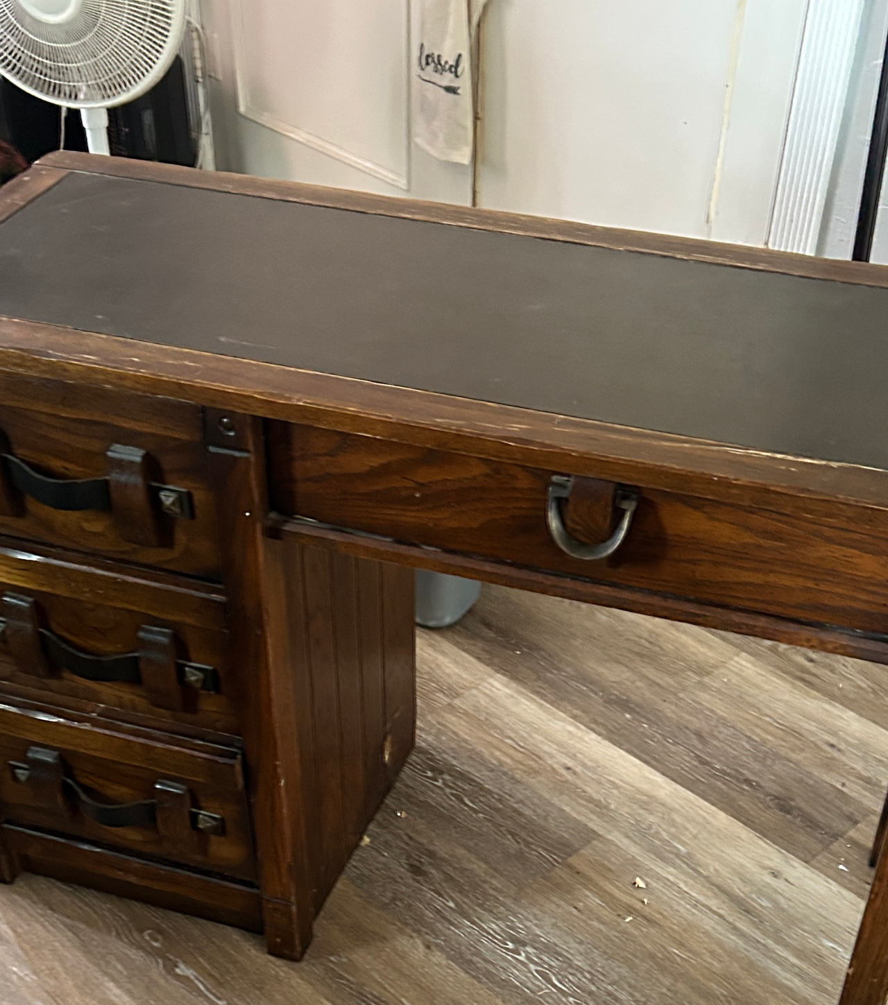 Vintage Spanish Revival Oak Desk with Iron Pulls