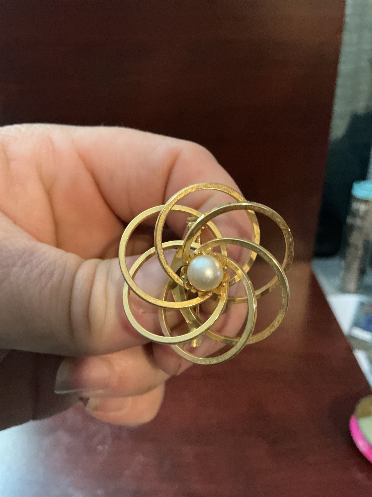Vintage Gold Tone Interlocking Circle Pearl Brooch