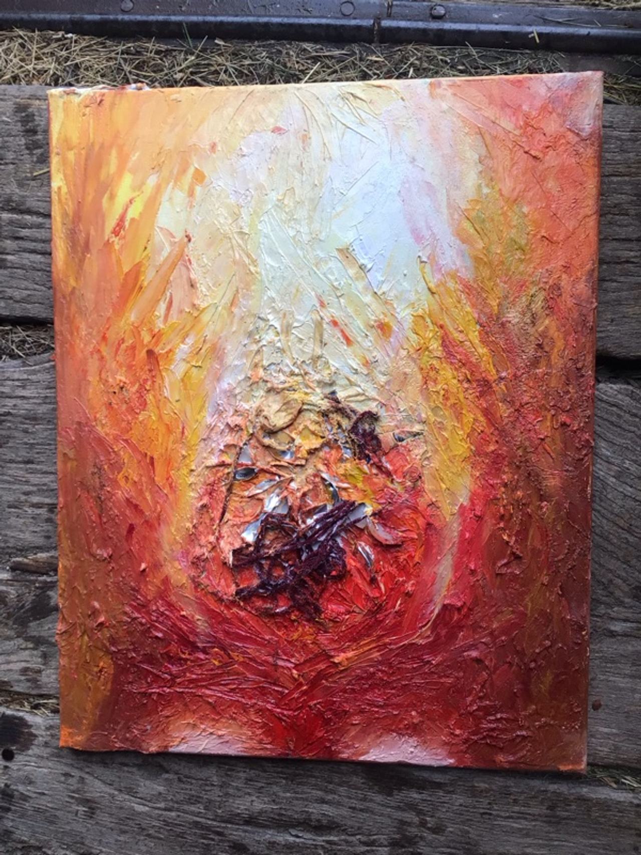 Original Red Abstract Acrylic Painting on Canvas with Frame 13x11"