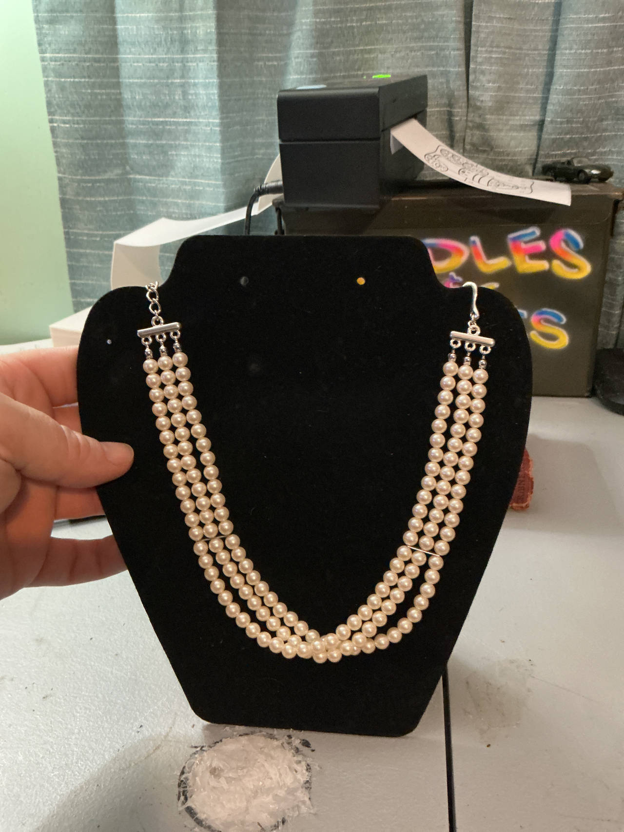 3-Strand Faux Pearl Necklace with Silver-Tone Spacers