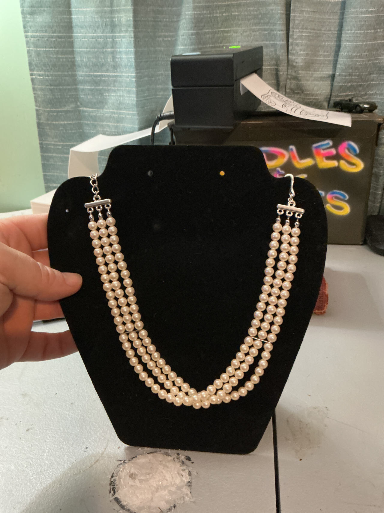 3-Strand Faux Pearl Necklace with Silver-Tone Spacers