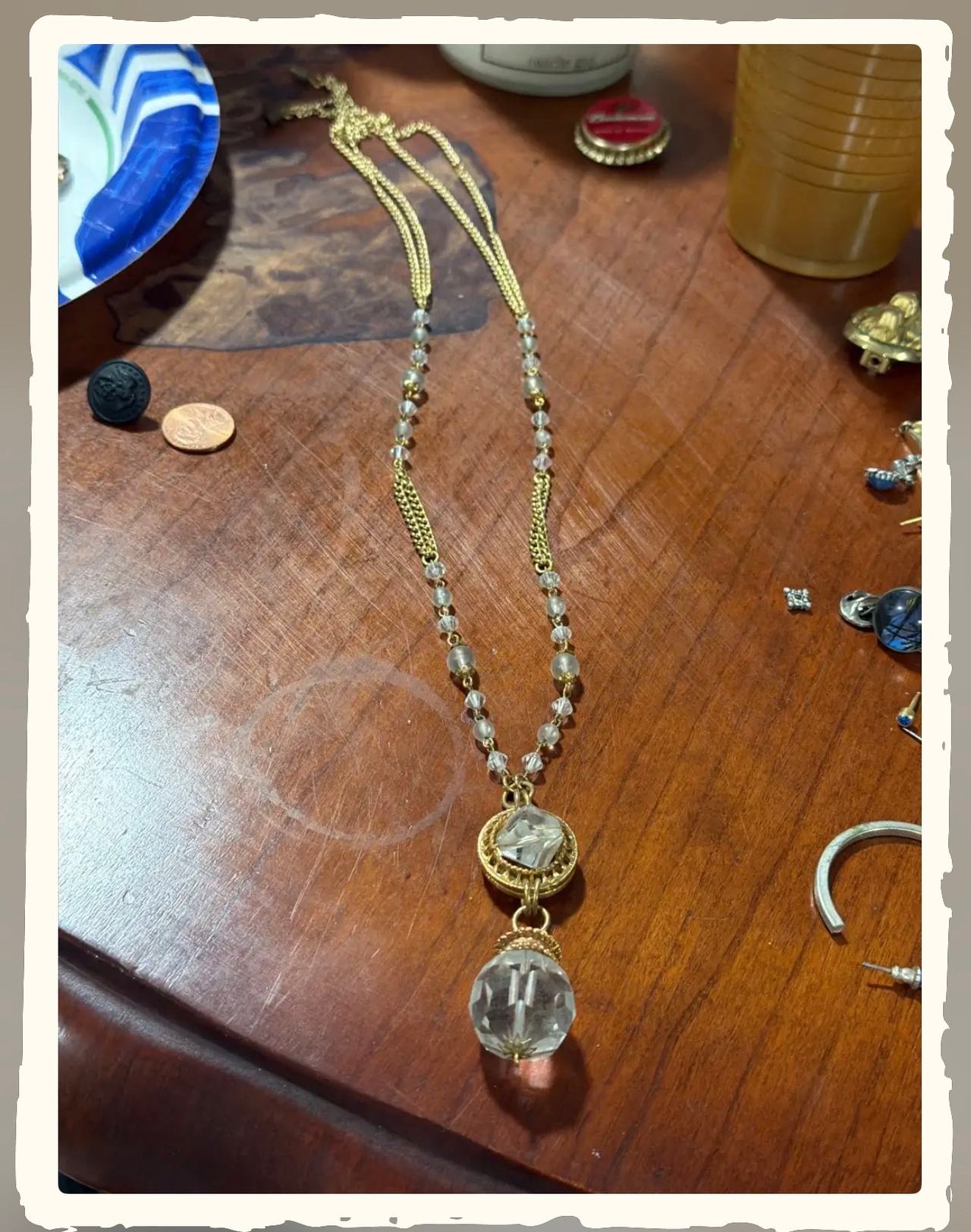 Gold-Tone Beaded Pendant Necklace with Faceted Drop