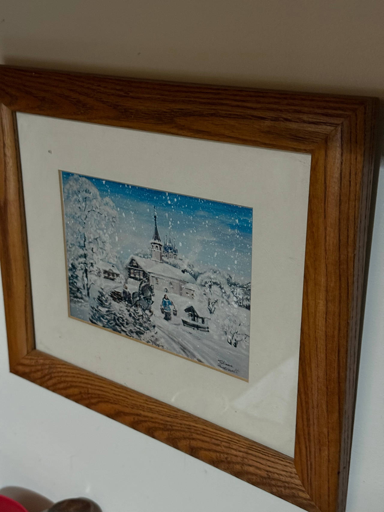 Framed Winter Village Landscape Painting