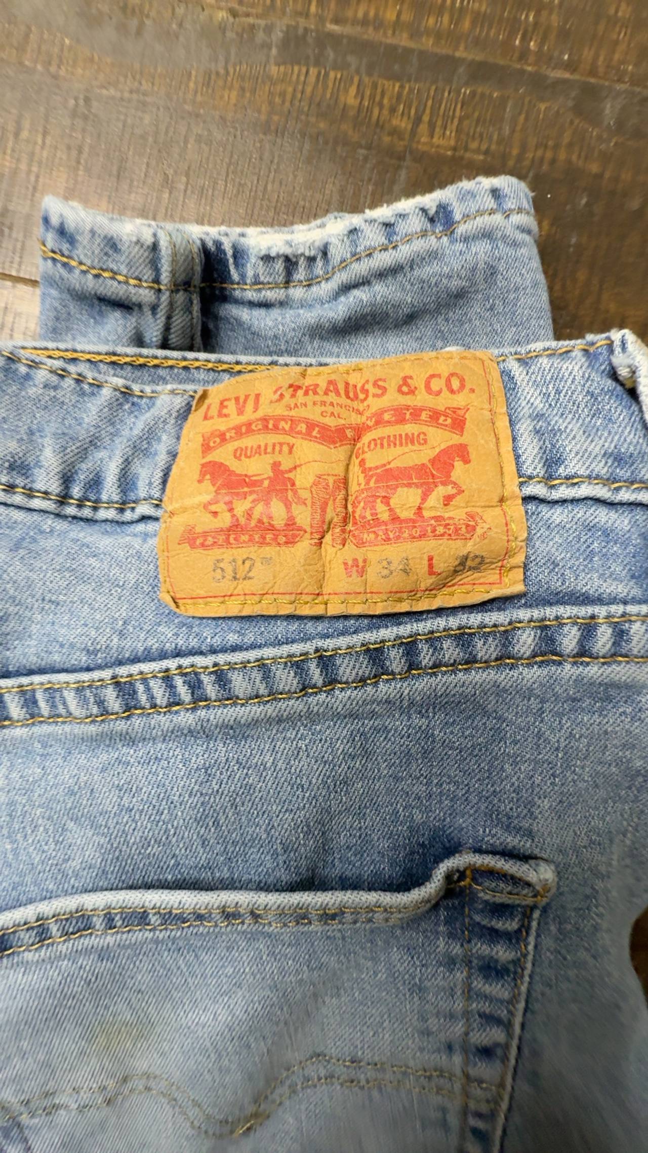 Levi's 512 Straight Fit Blue Denim Jeans 34x32 Distressed
