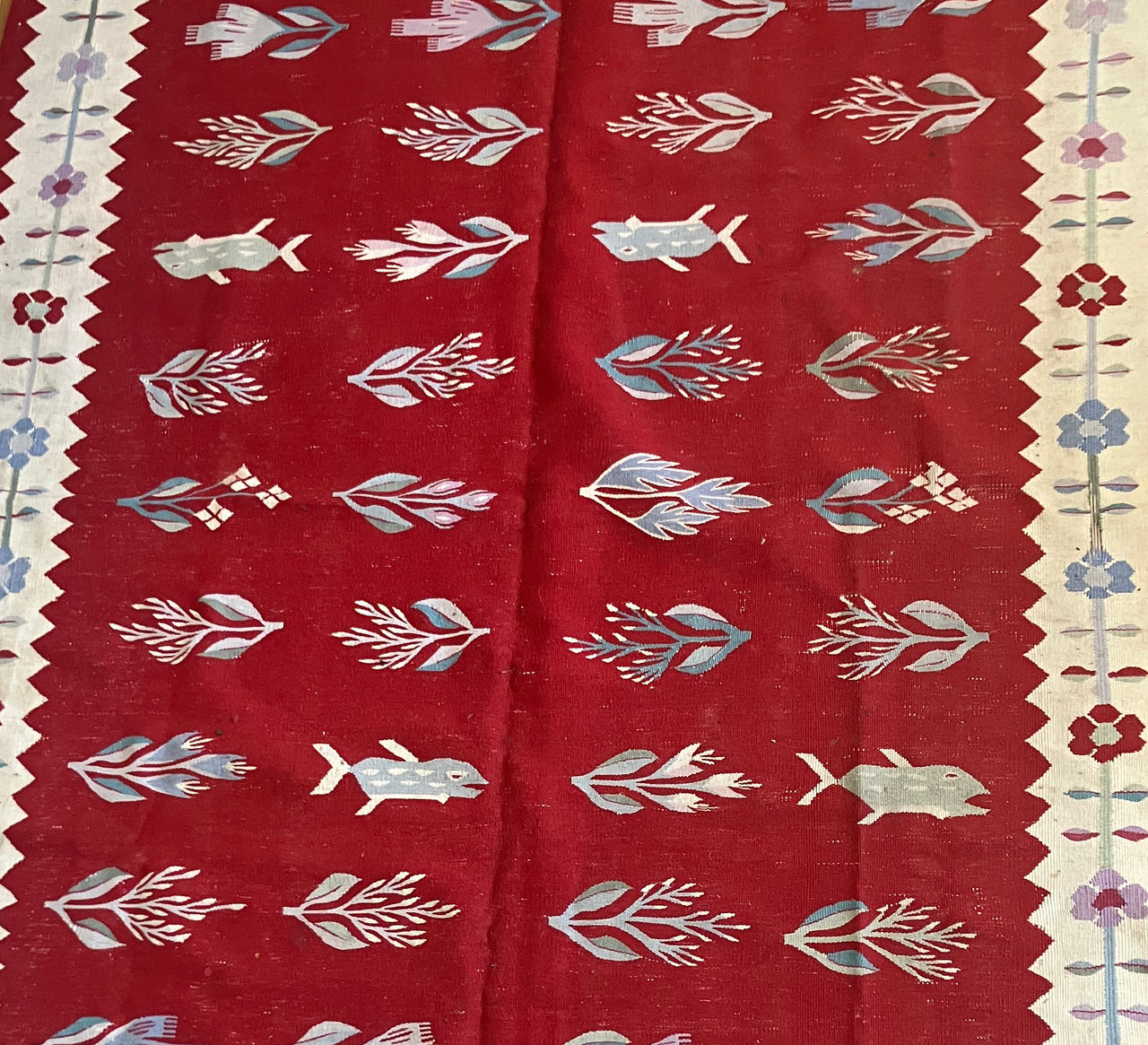 Vintage Handwoven Kilim Rug with Fish and Floral Pattern