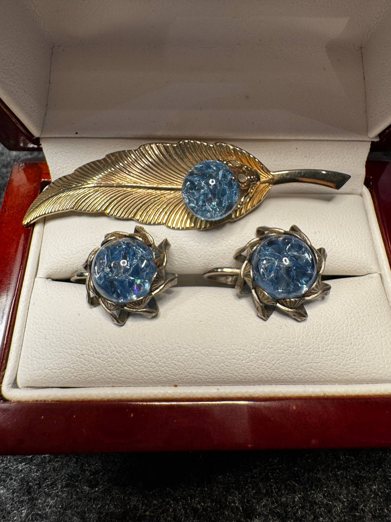 Vintage Blue Crackle Glass Leaf Brooch and Earring Set