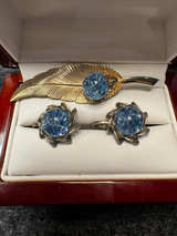 Vintage Blue Crackle Glass Leaf Brooch and Earring Set - Image 1