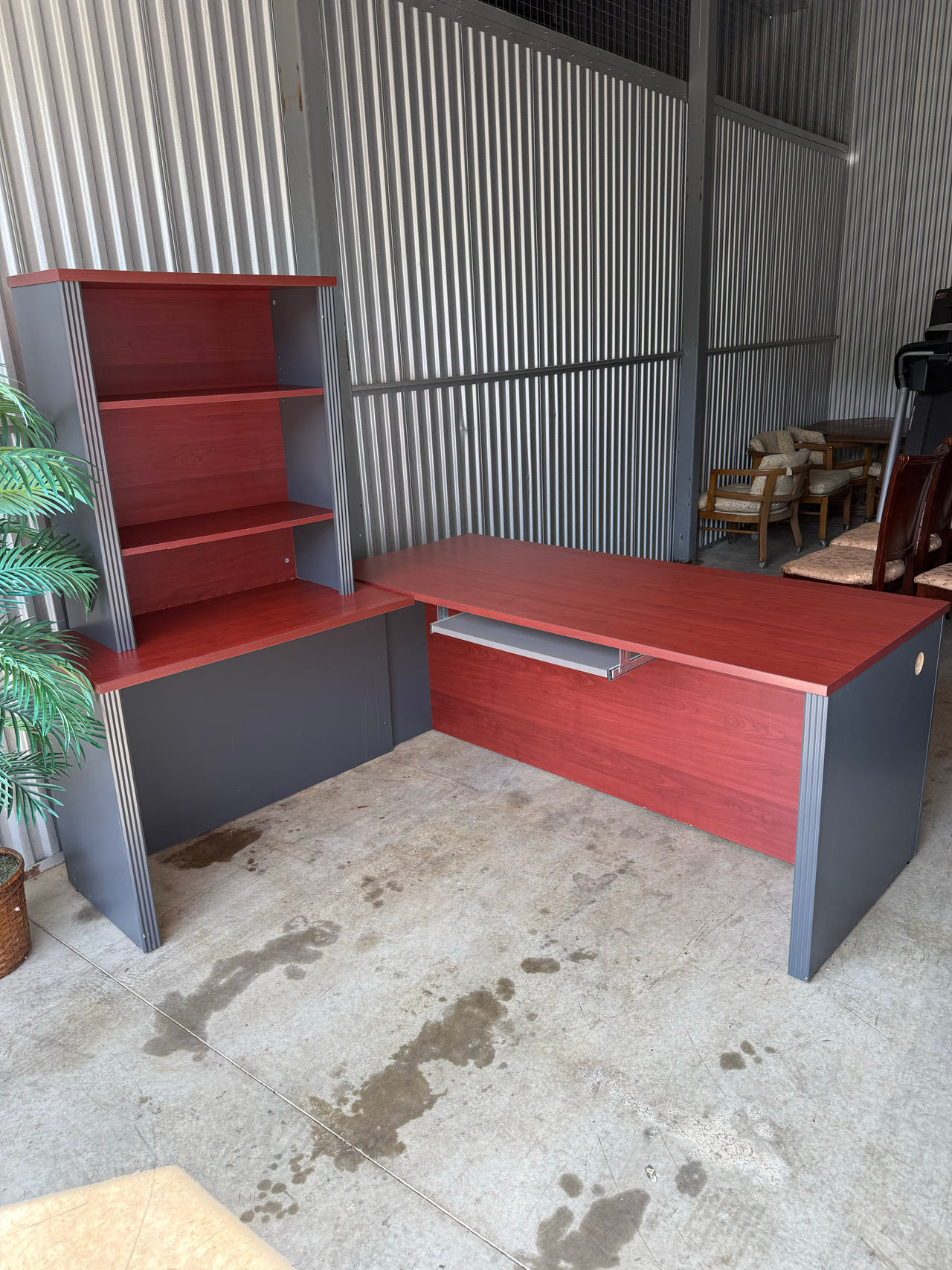 L-shaped office desk with hutch