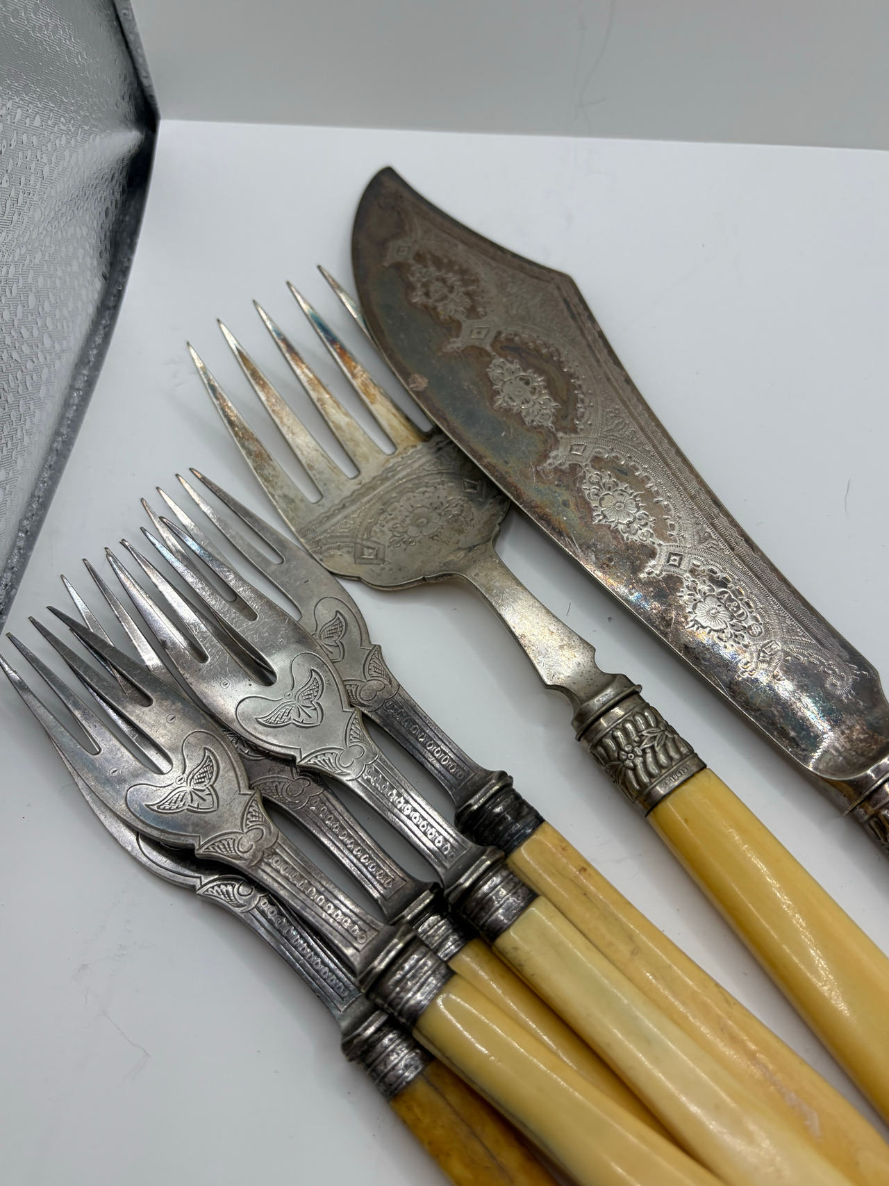 Antique Silver Plated Fish Cutlery Set with Faux Bone Handles