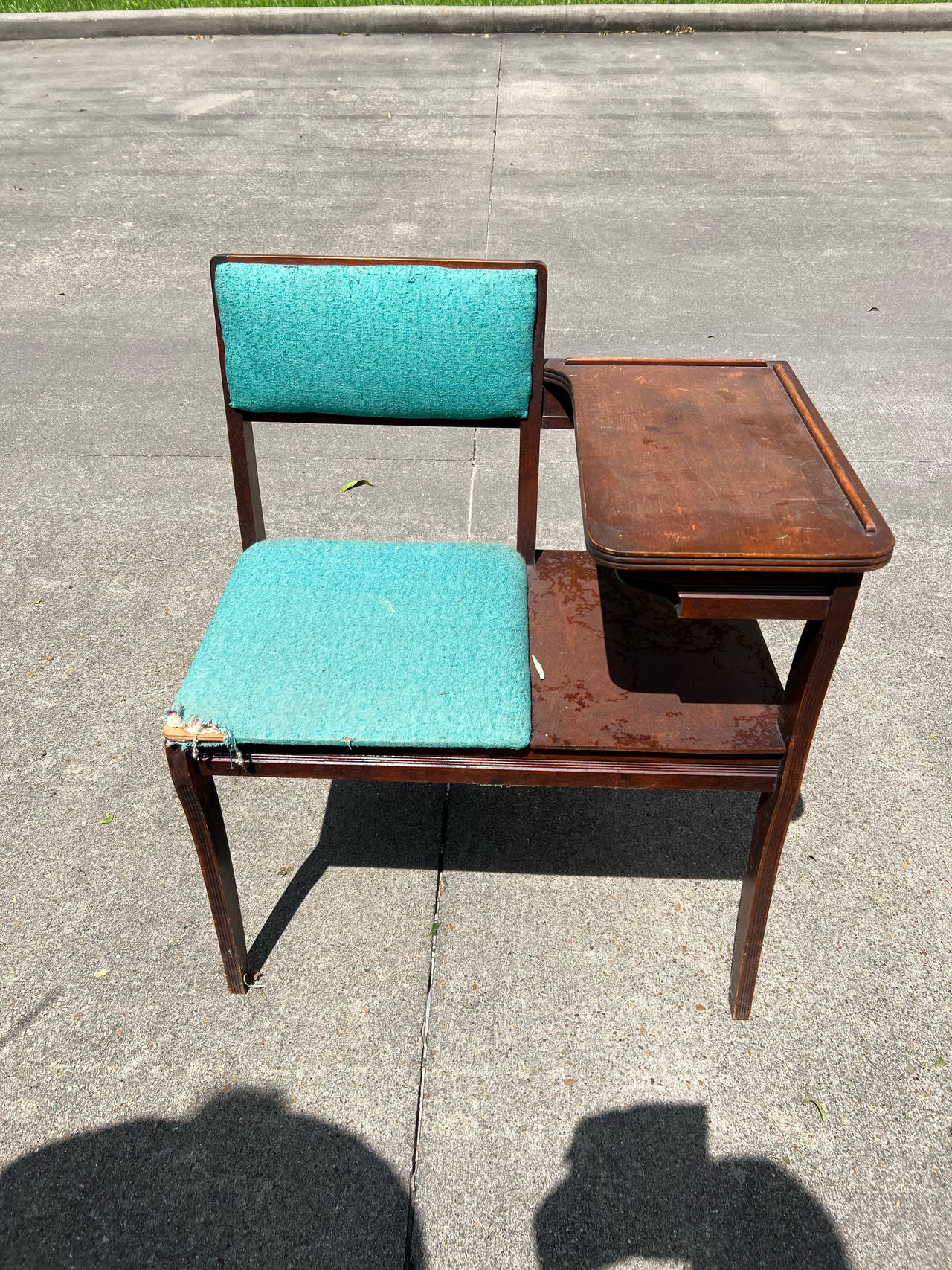 Vintage Mid-Century Modern Telephone Bench with Teal Upholstery
