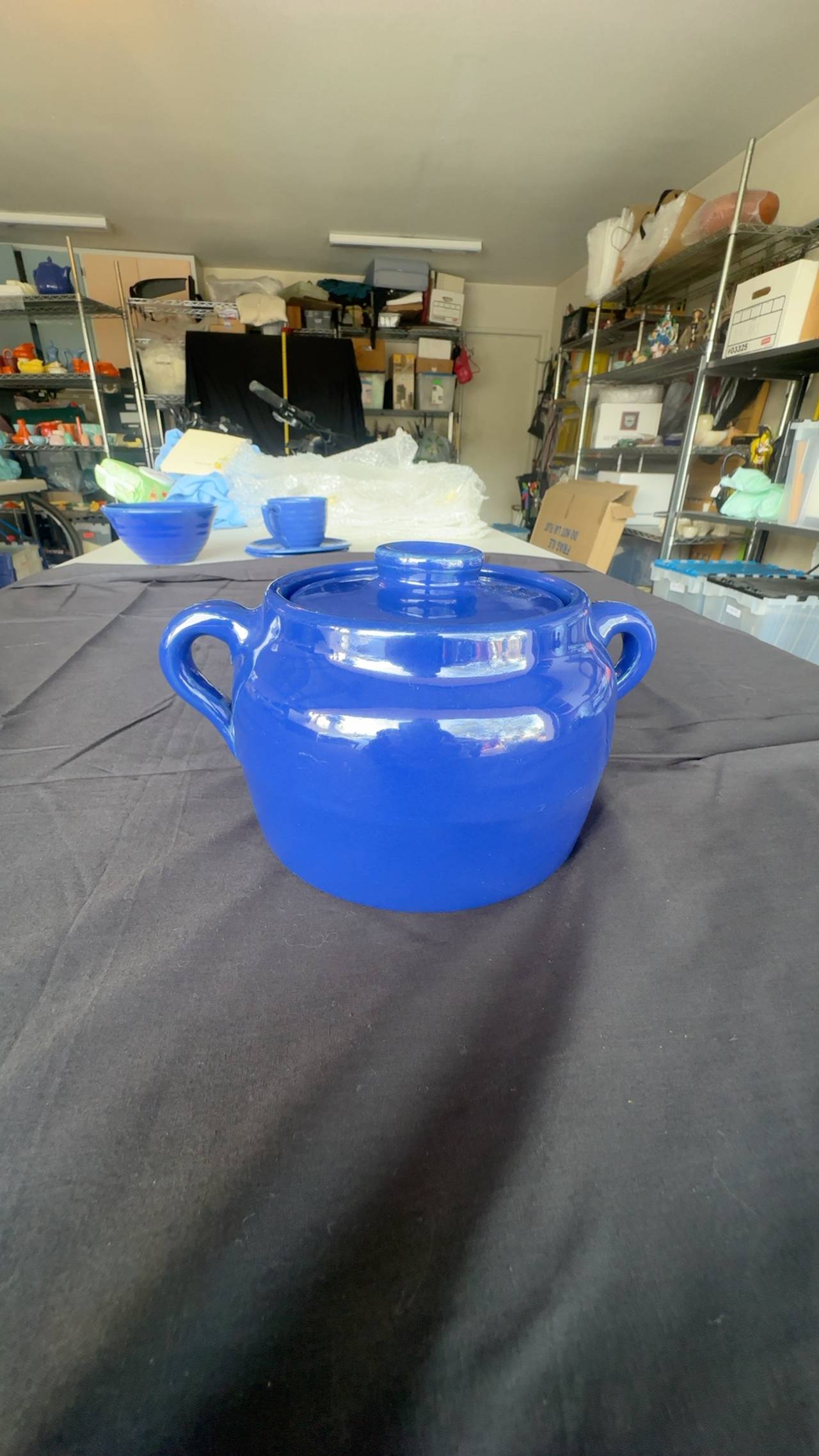 Vintage Bauer Cobalt Blue Bean Pot with Lid