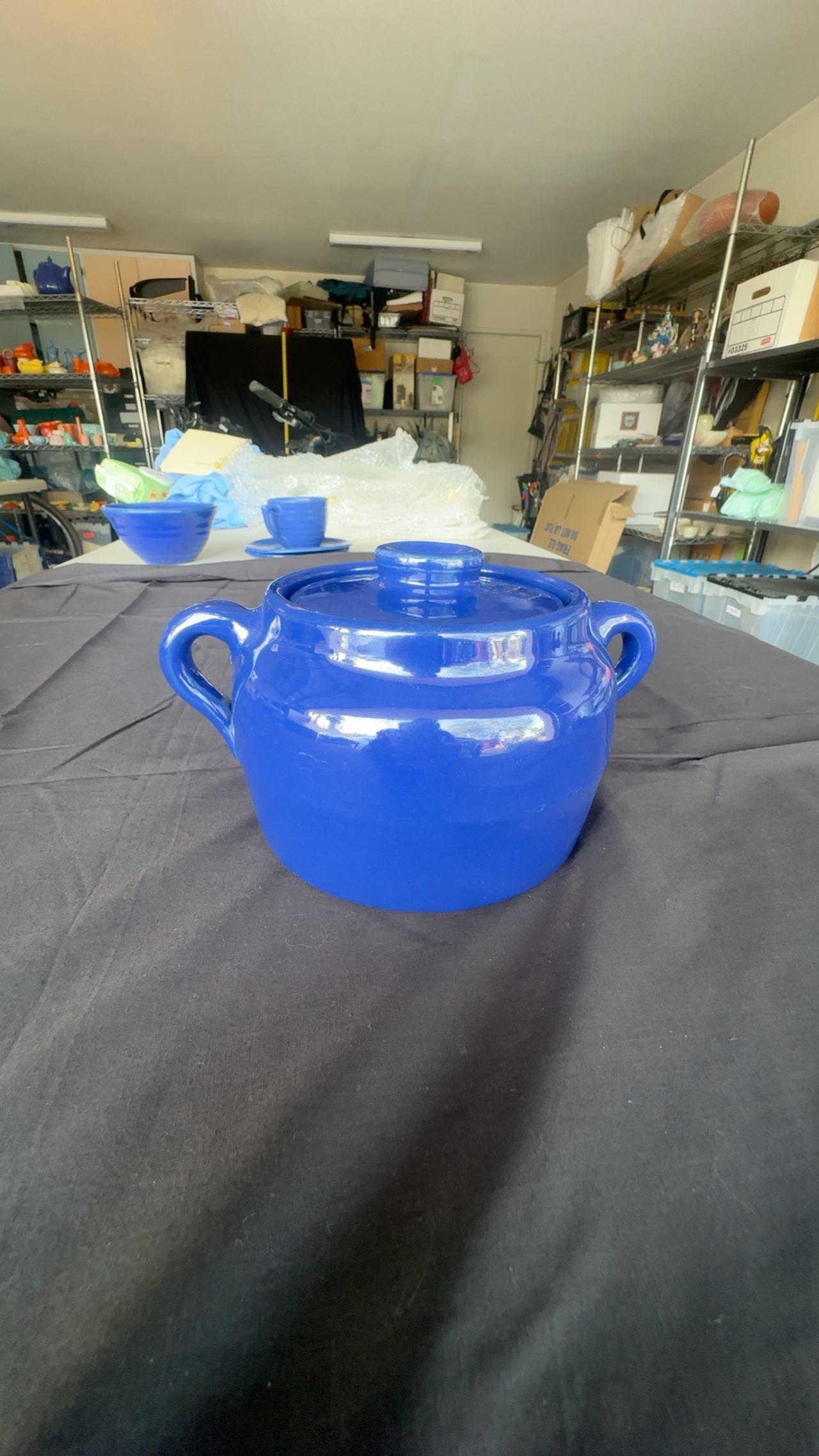 Vintage Bauer Cobalt Blue Bean Pot with Lid